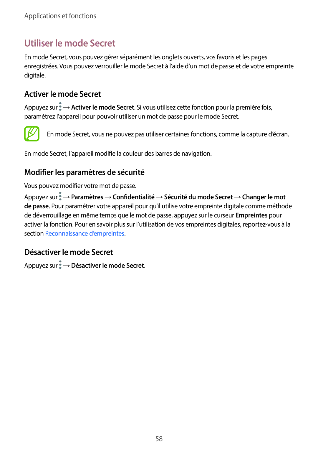 Samsung SM-T390NZKAXEF manual Utiliser le mode Secret, Activer le mode Secret, Modifier les paramètres de sécurité 