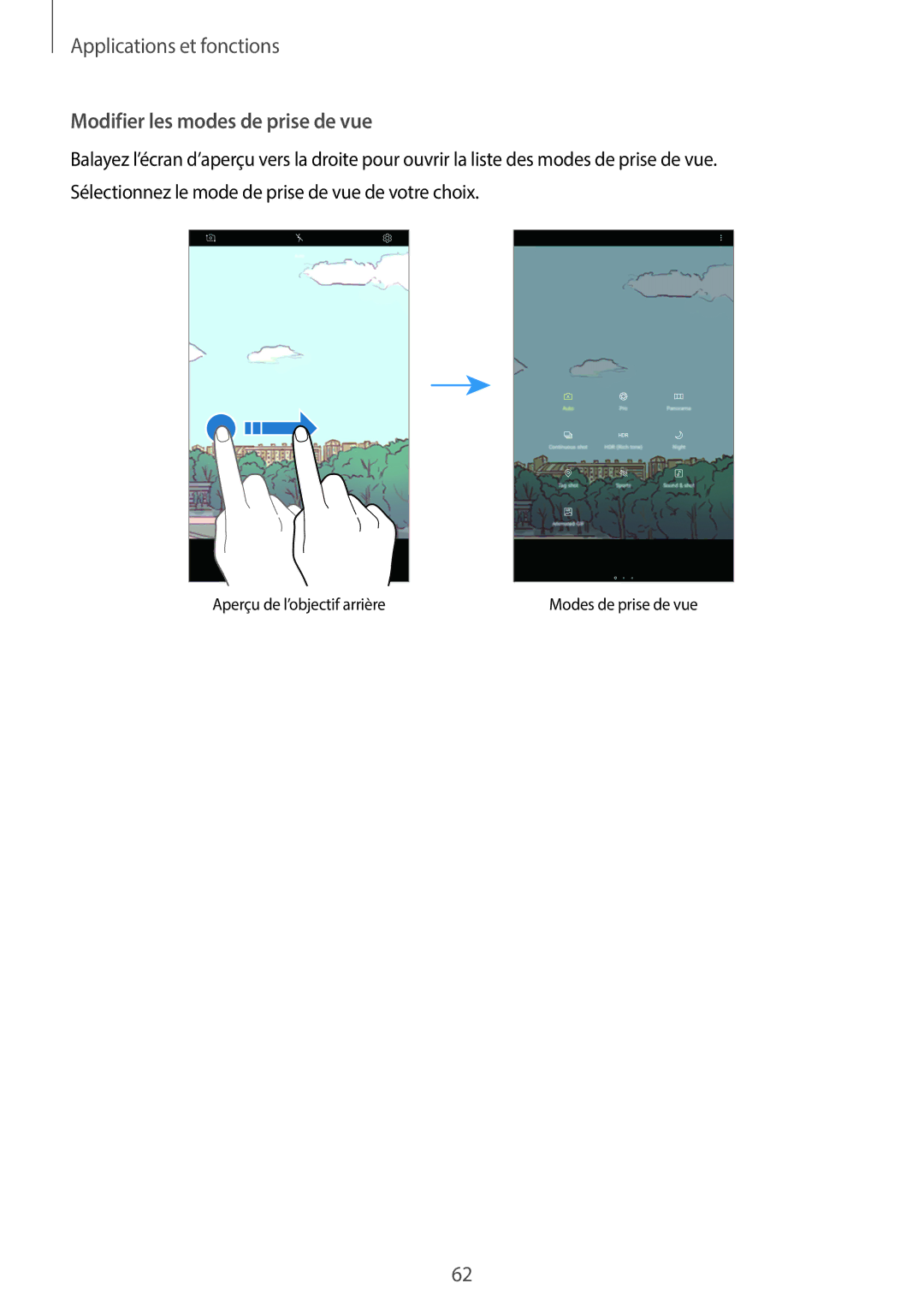 Samsung SM-T390NZKAXEF manual Modifier les modes de prise de vue 