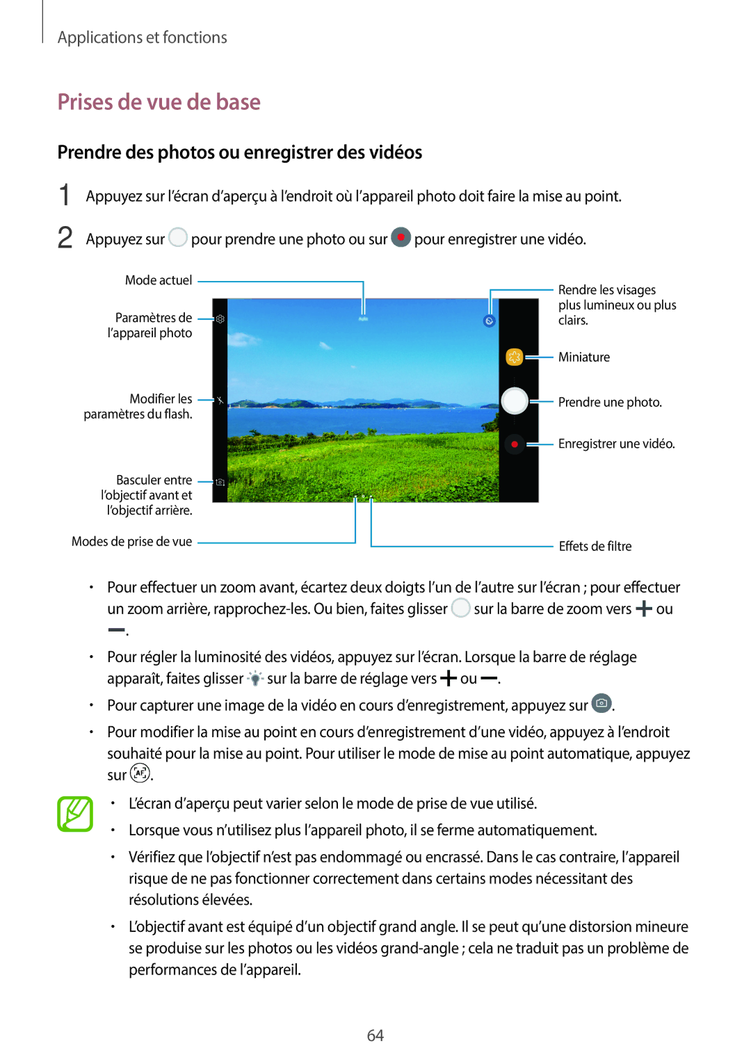 Samsung SM-T390NZKAXEF manual Prises de vue de base, Prendre des photos ou enregistrer des vidéos 