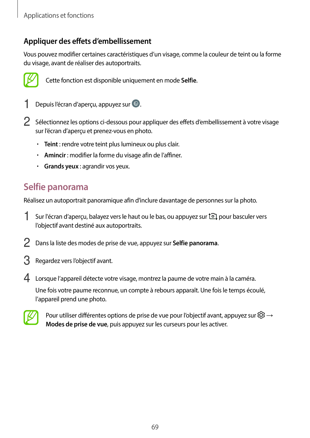 Samsung SM-T390NZKAXEF manual Selfie panorama, Appliquer des effets d’embellissement 