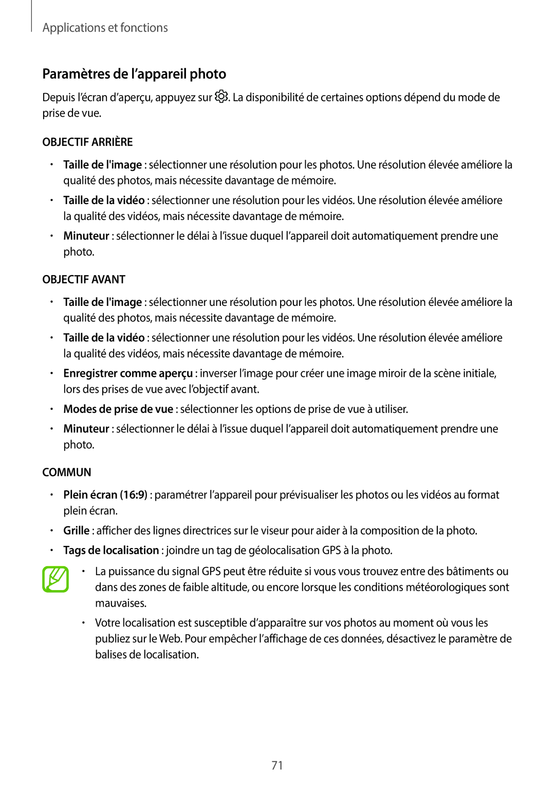 Samsung SM-T390NZKAXEF manual Paramètres de l’appareil photo, Objectif Arrière 