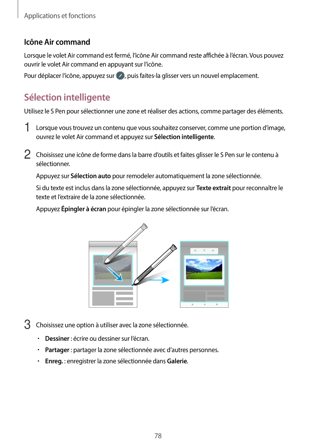 Samsung SM-T390NZKAXEF manual Sélection intelligente, Icône Air command 