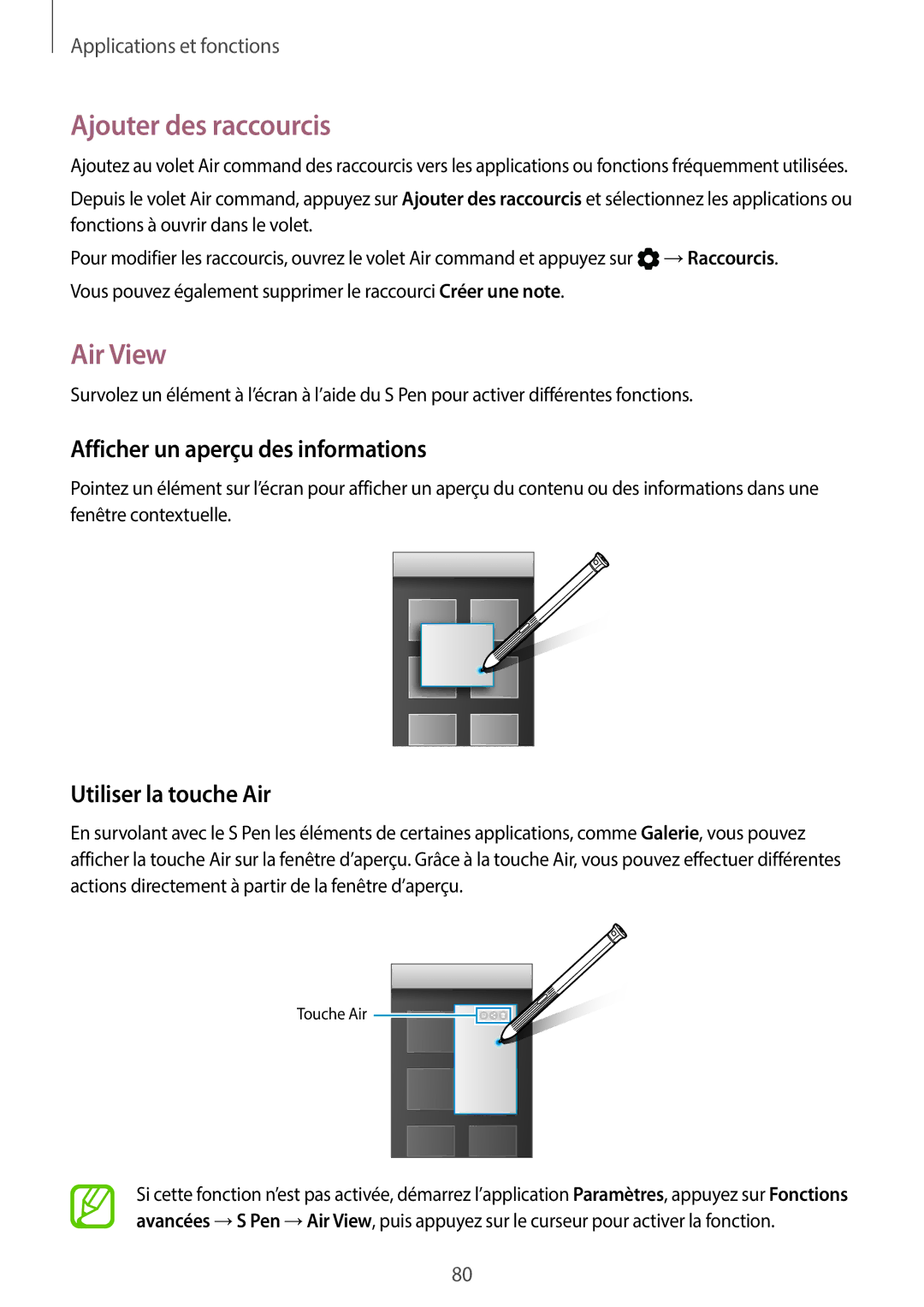 Samsung SM-T390NZKAXEF manual Ajouter des raccourcis, Air View, Afficher un aperçu des informations, Utiliser la touche Air 