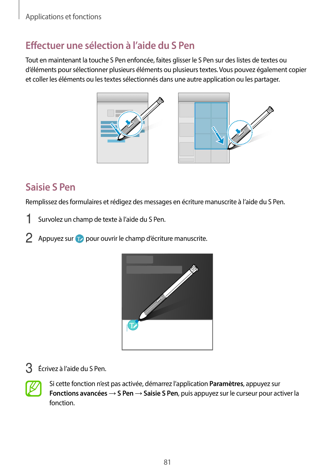 Samsung SM-T390NZKAXEF manual Effectuer une sélection à l’aide du S Pen, Saisie S Pen 