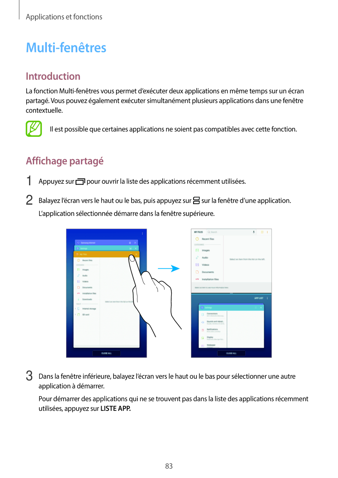 Samsung SM-T390NZKAXEF manual Multi-fenêtres, Affichage partagé 