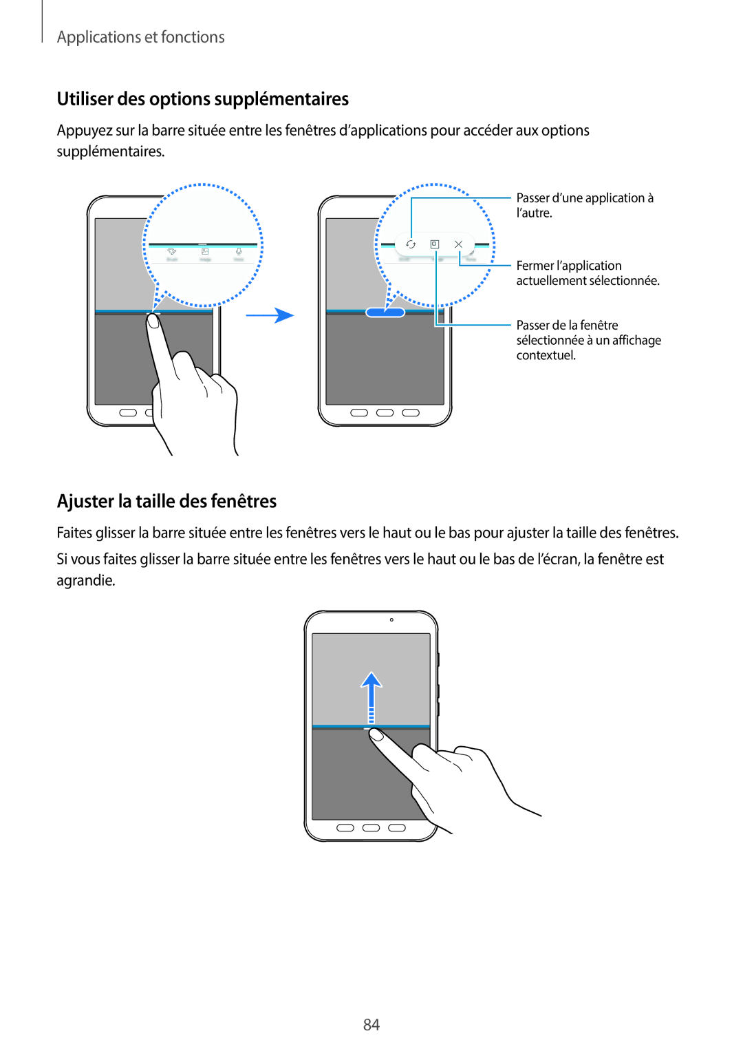 Samsung SM-T390NZKAXEF manual Utiliser des options supplémentaires, Ajuster la taille des fenêtres 