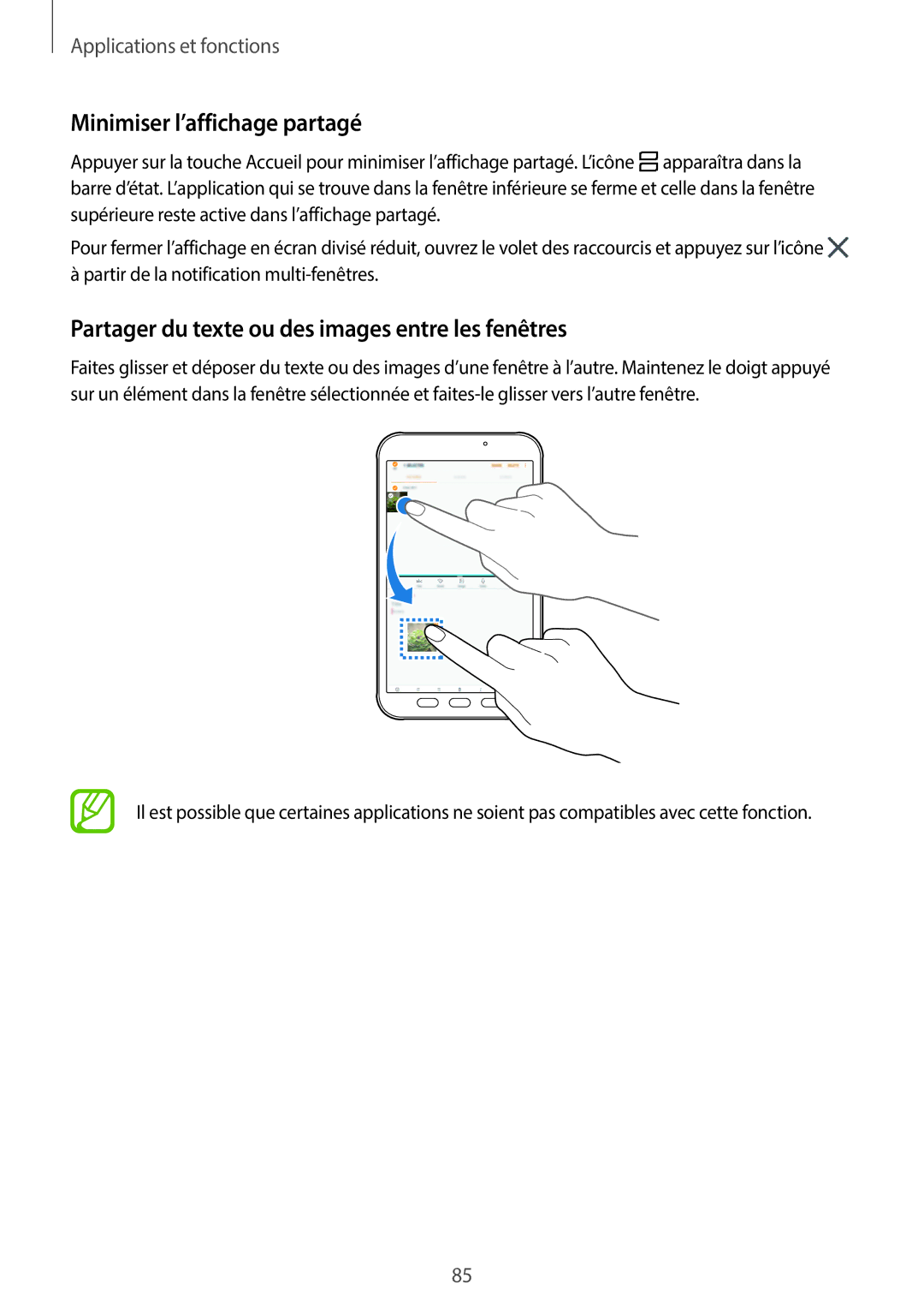 Samsung SM-T390NZKAXEF manual Minimiser l’affichage partagé, Partager du texte ou des images entre les fenêtres 