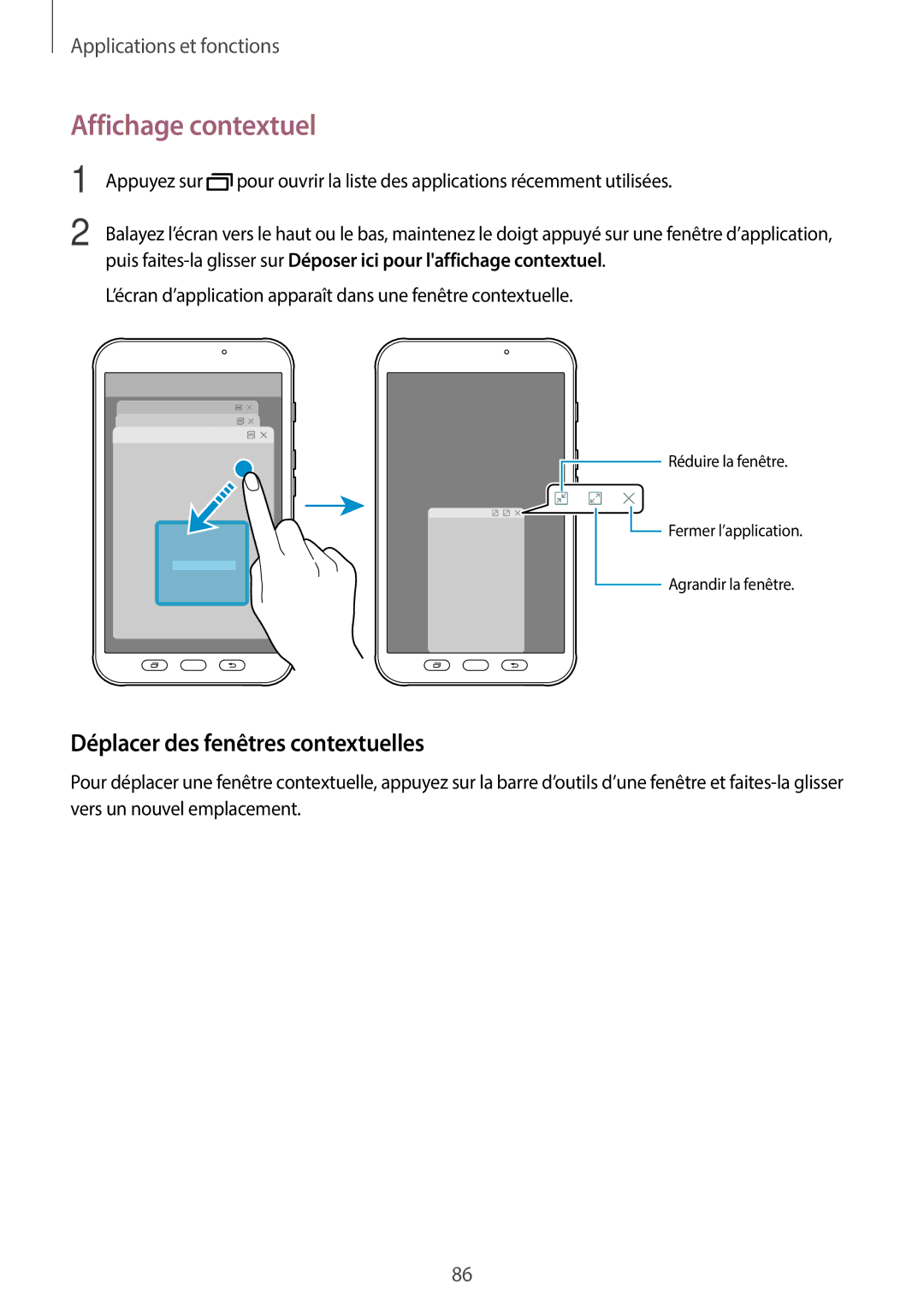 Samsung SM-T390NZKAXEF manual Affichage contextuel, Déplacer des fenêtres contextuelles 