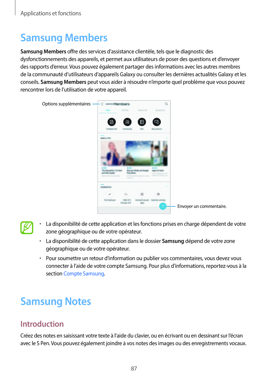 Samsung SM-T390NZKAXEF manual Samsung Members, Samsung Notes 