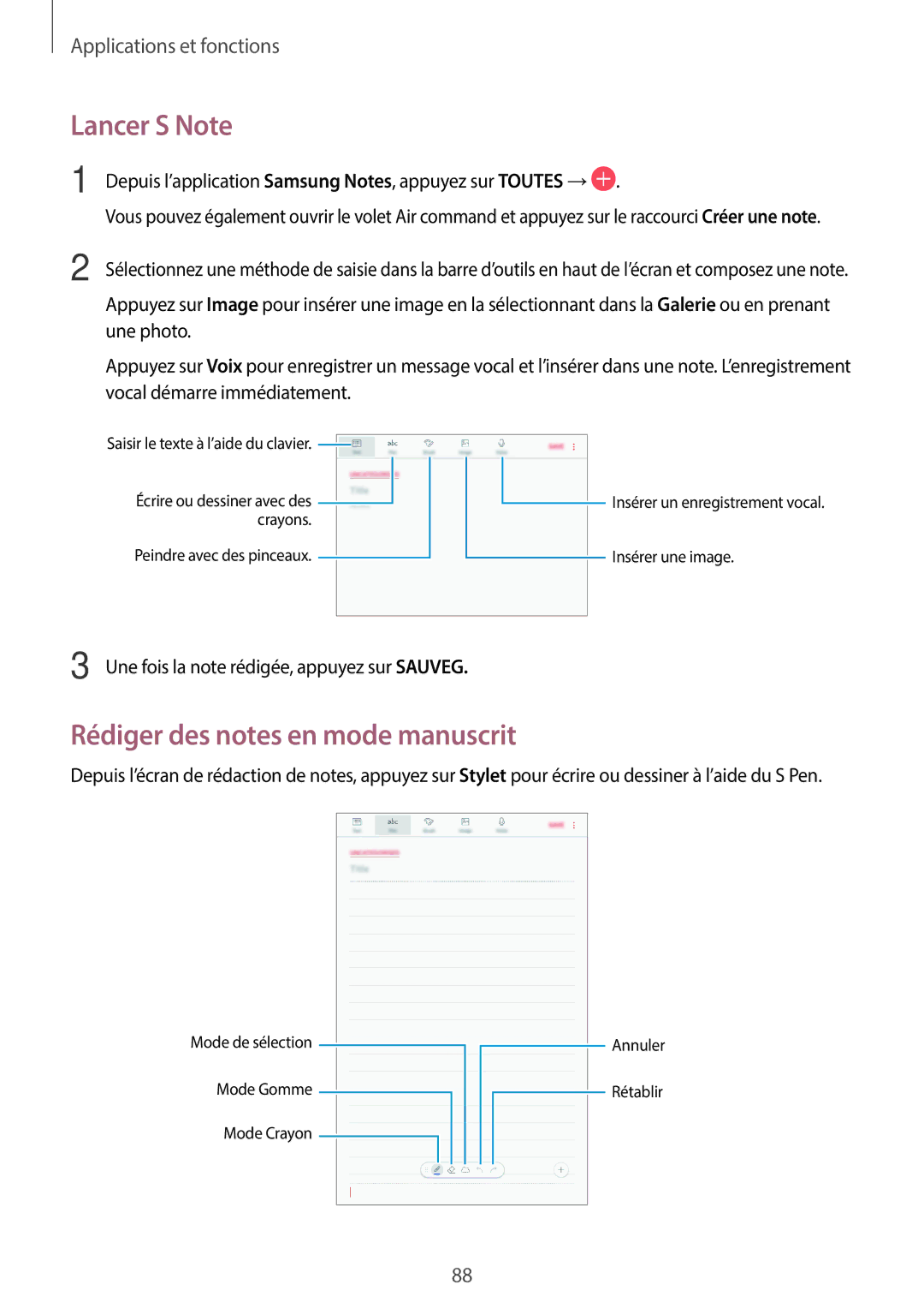 Samsung SM-T390NZKAXEF manual Lancer S Note, Rédiger des notes en mode manuscrit 