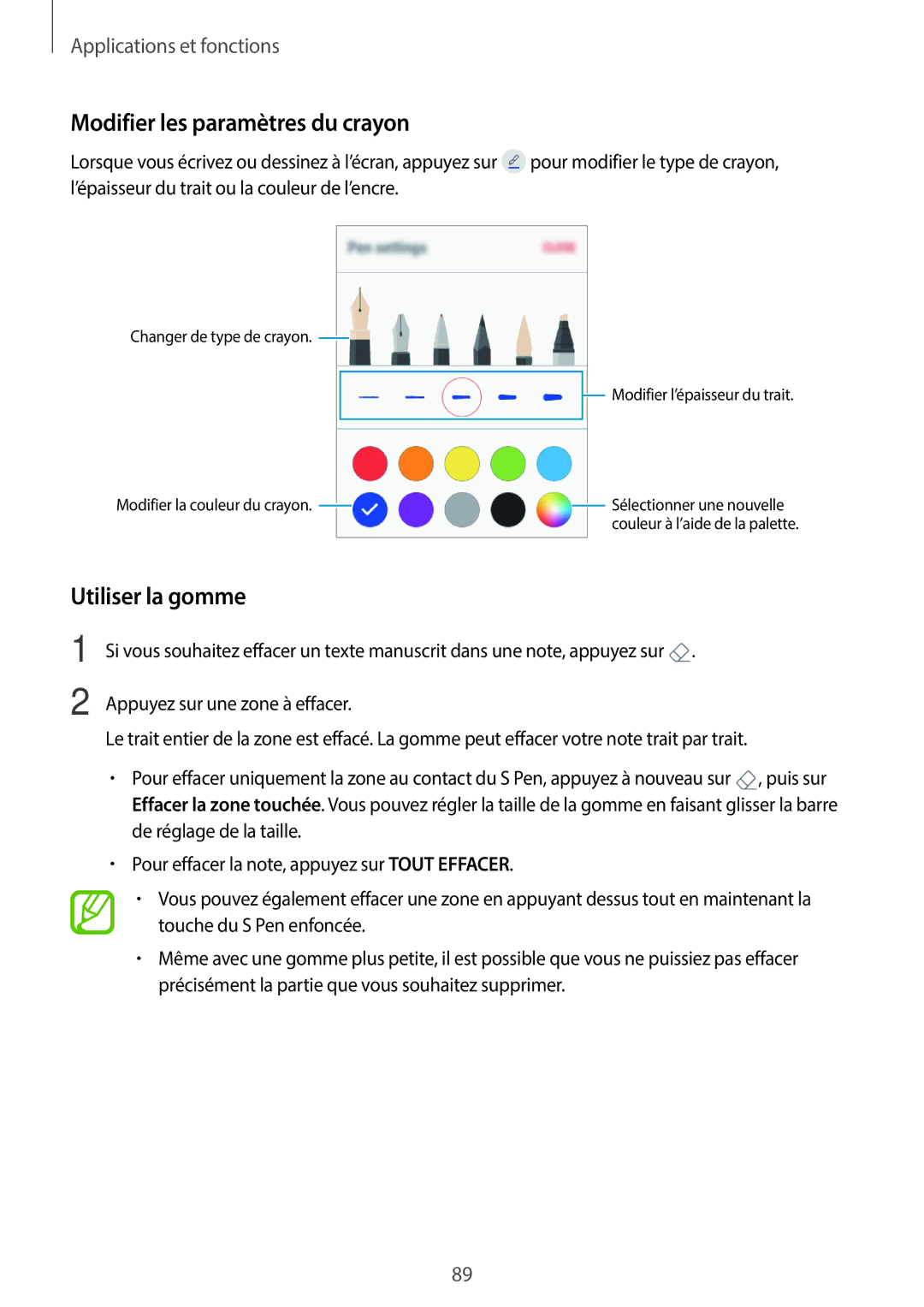 Samsung SM-T390NZKAXEF manual Modifier les paramètres du crayon, Utiliser la gomme 