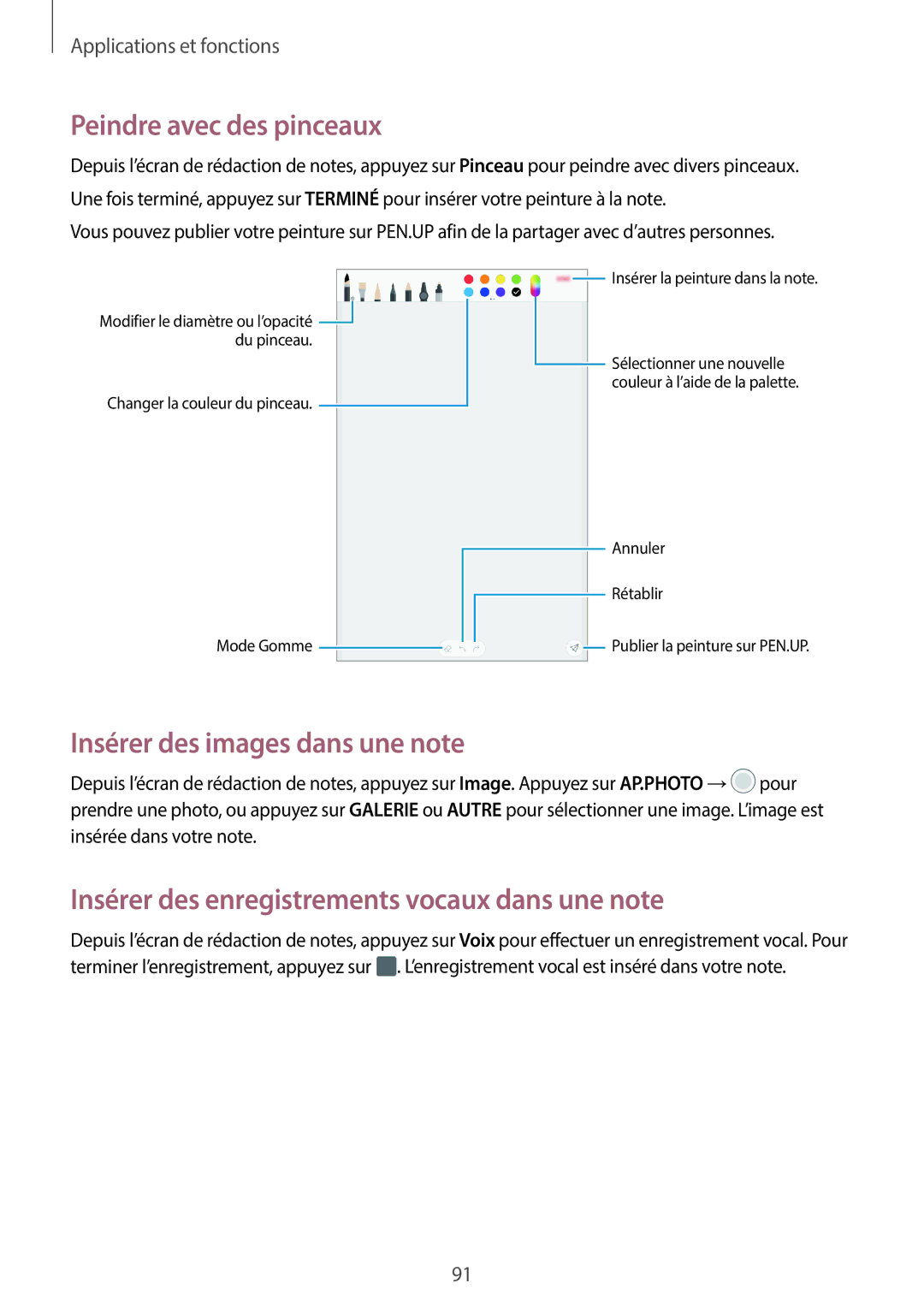 Samsung SM-T390NZKAXEF manual Peindre avec des pinceaux, Insérer des images dans une note 