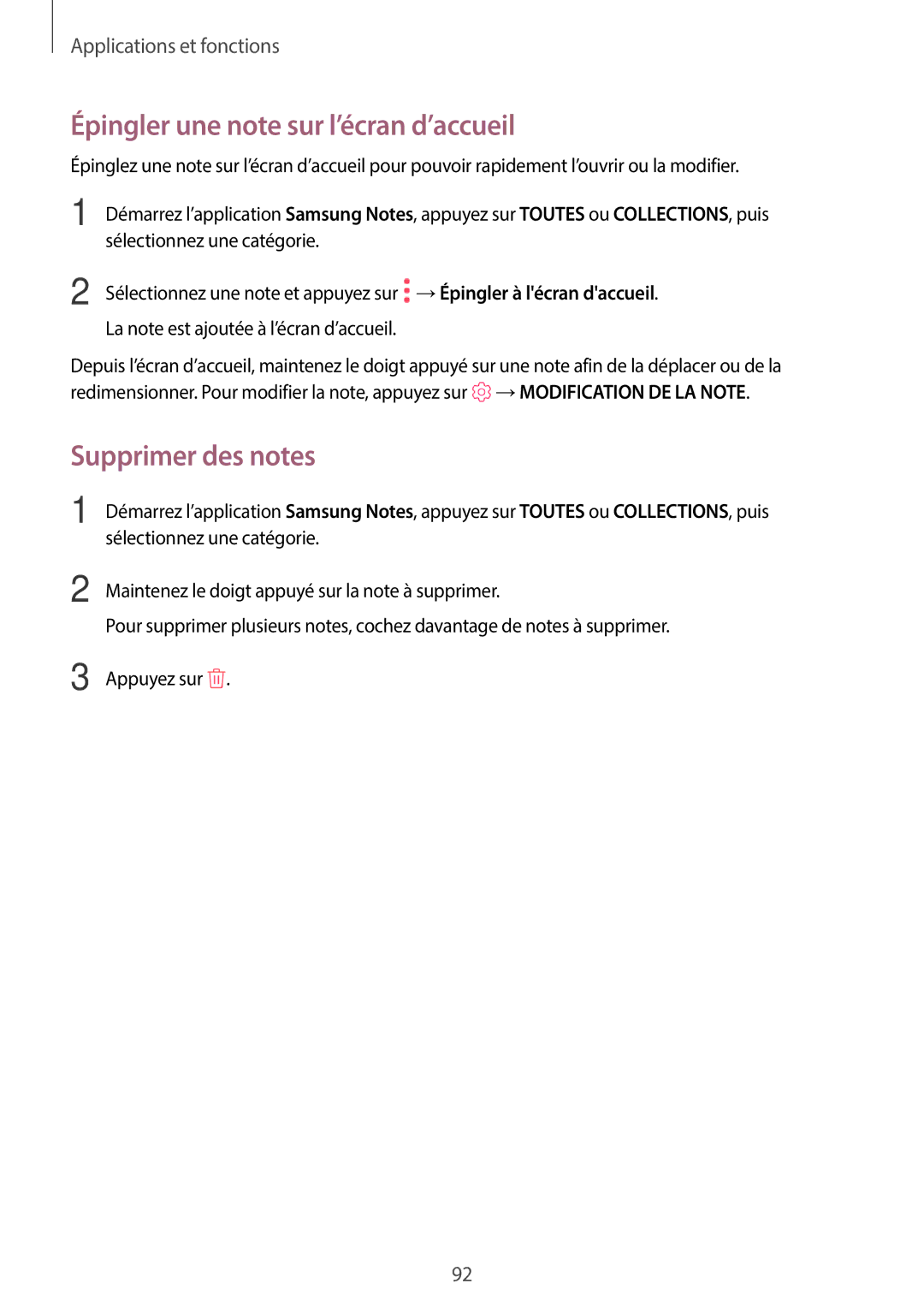 Samsung SM-T390NZKAXEF manual Épingler une note sur l’écran d’accueil, Supprimer des notes 