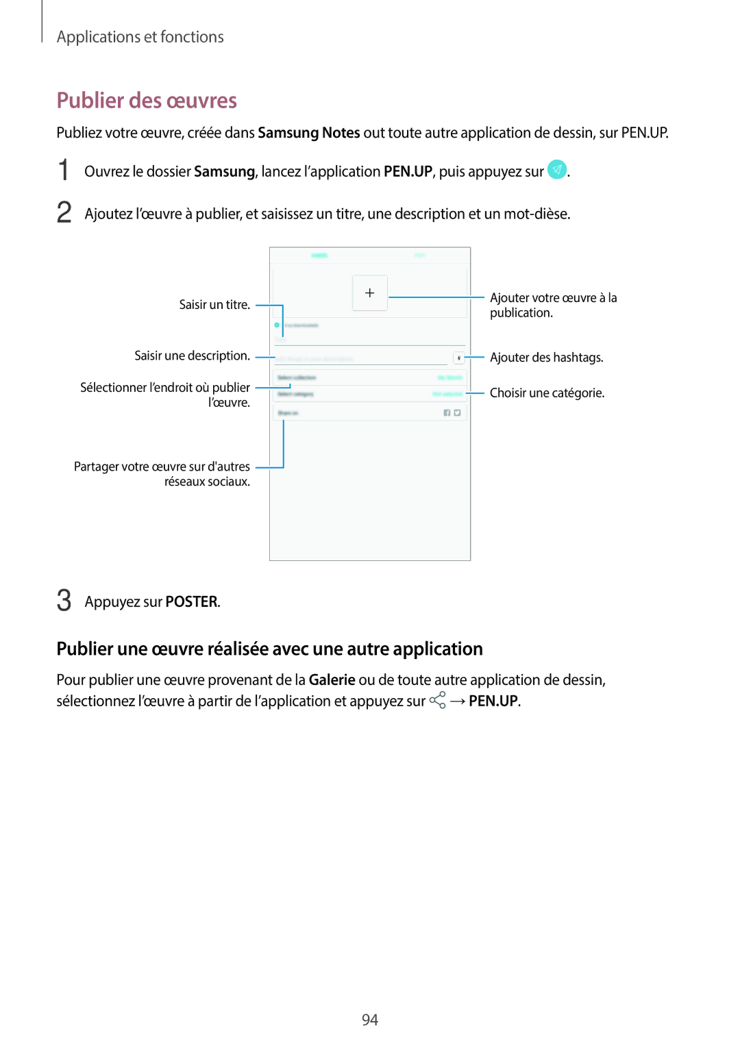 Samsung SM-T390NZKAXEF manual Publier des œuvres, Publier une œuvre réalisée avec une autre application 