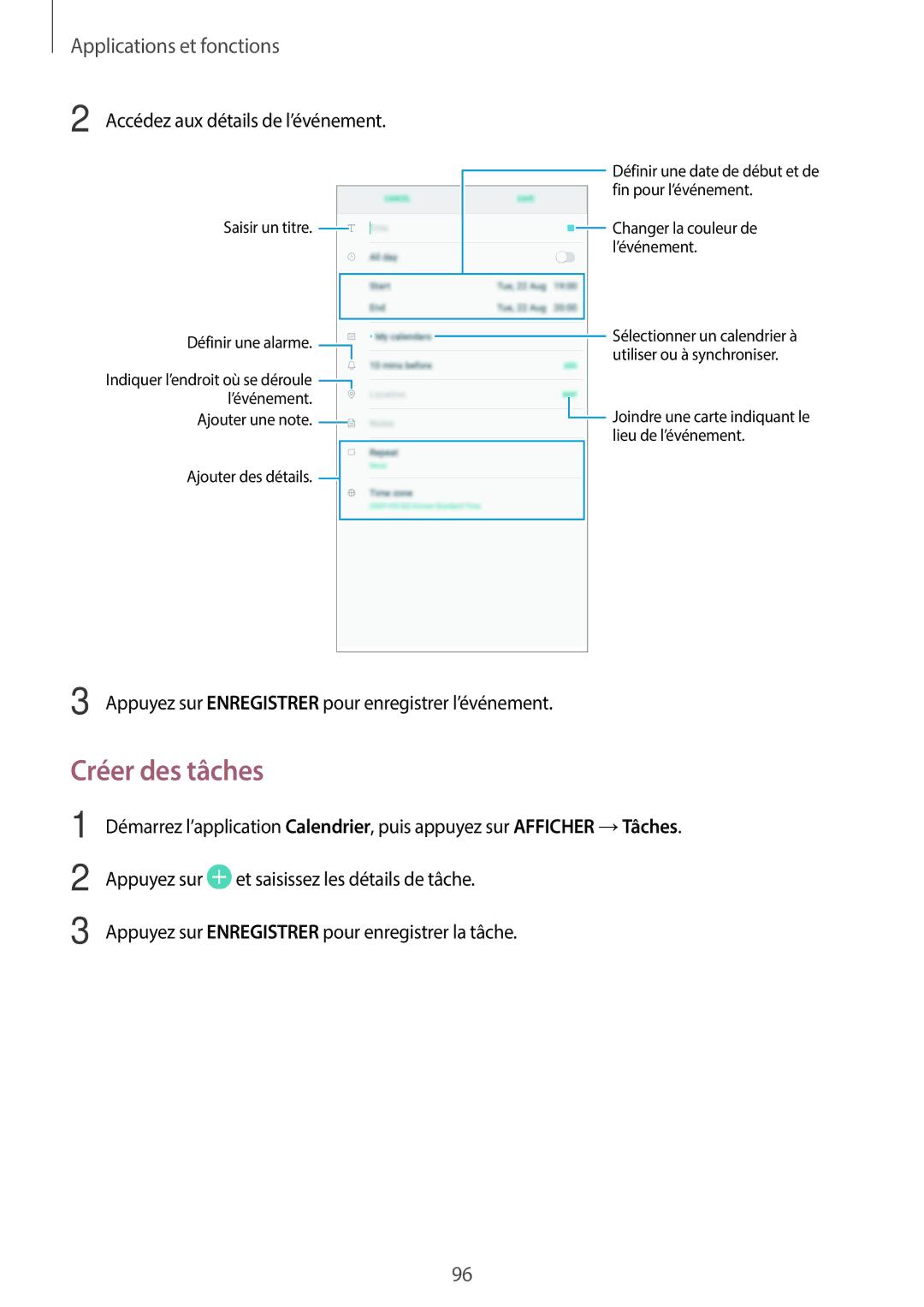 Samsung SM-T390NZKAXEF manual Créer des tâches, Accédez aux détails de l’événement 