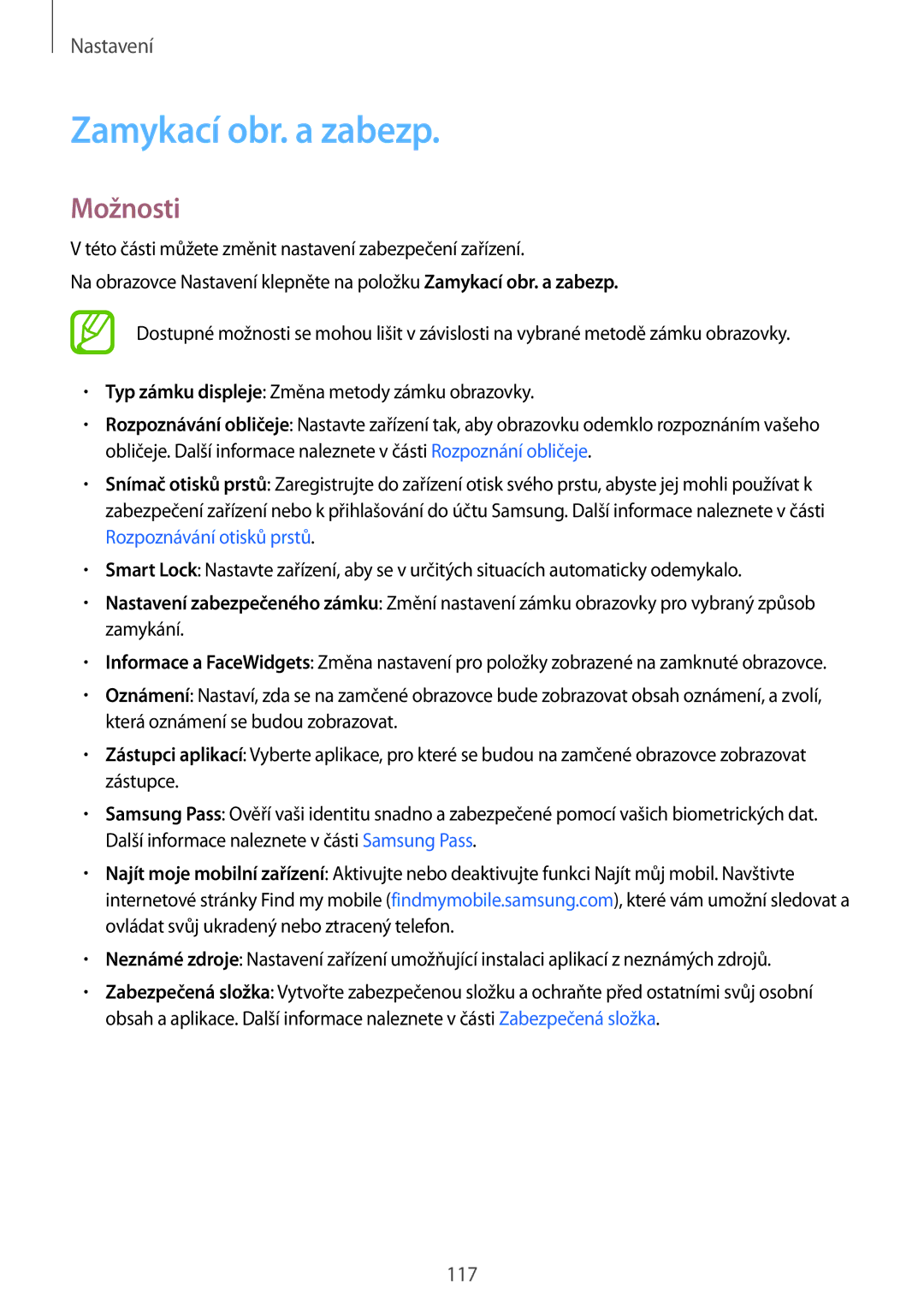 Samsung SM-T390NZKAXEZ manual Zamykací obr. a zabezp, Možnosti 