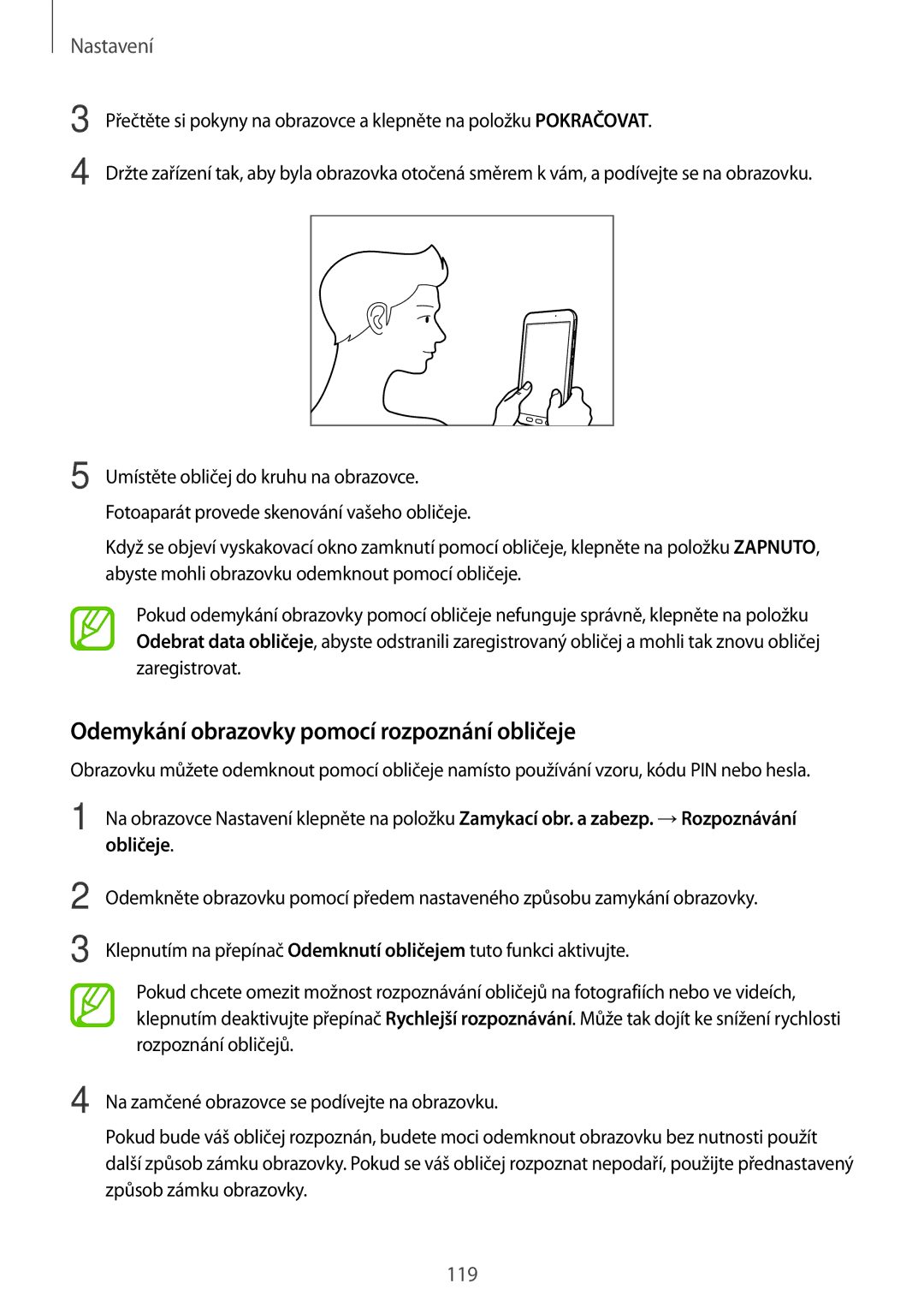 Samsung SM-T390NZKAXEZ manual Odemykání obrazovky pomocí rozpoznání obličeje 