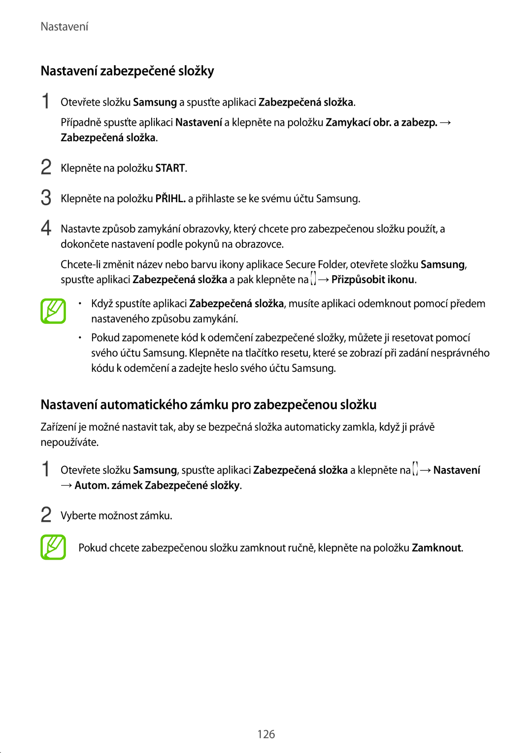 Samsung SM-T390NZKAXEZ manual Nastavení zabezpečené složky, Nastavení automatického zámku pro zabezpečenou složku 