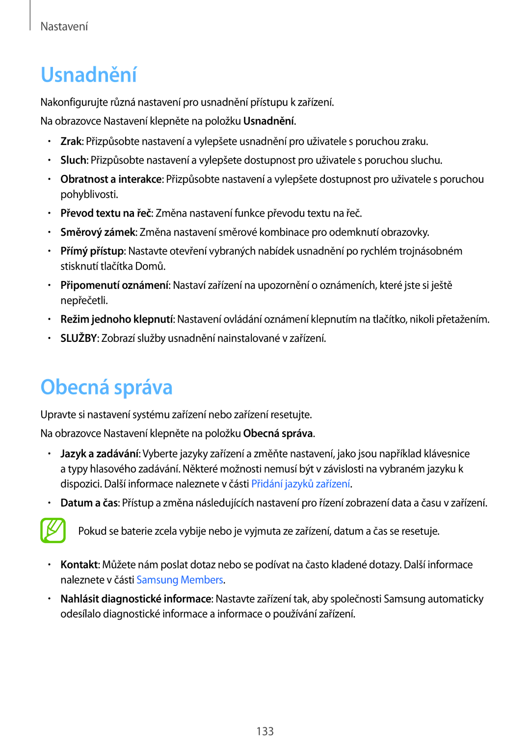 Samsung SM-T390NZKAXEZ manual Usnadnění, Obecná správa 