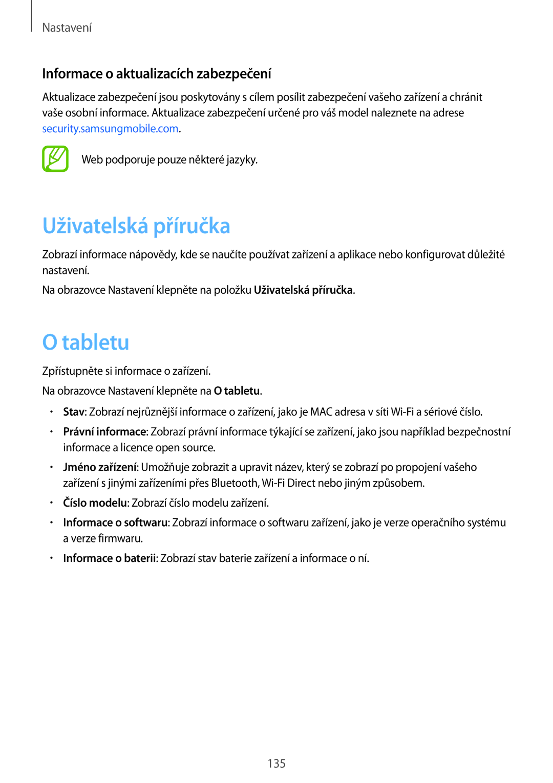 Samsung SM-T390NZKAXEZ manual Uživatelská příručka, Tabletu, Informace o aktualizacích zabezpečení 
