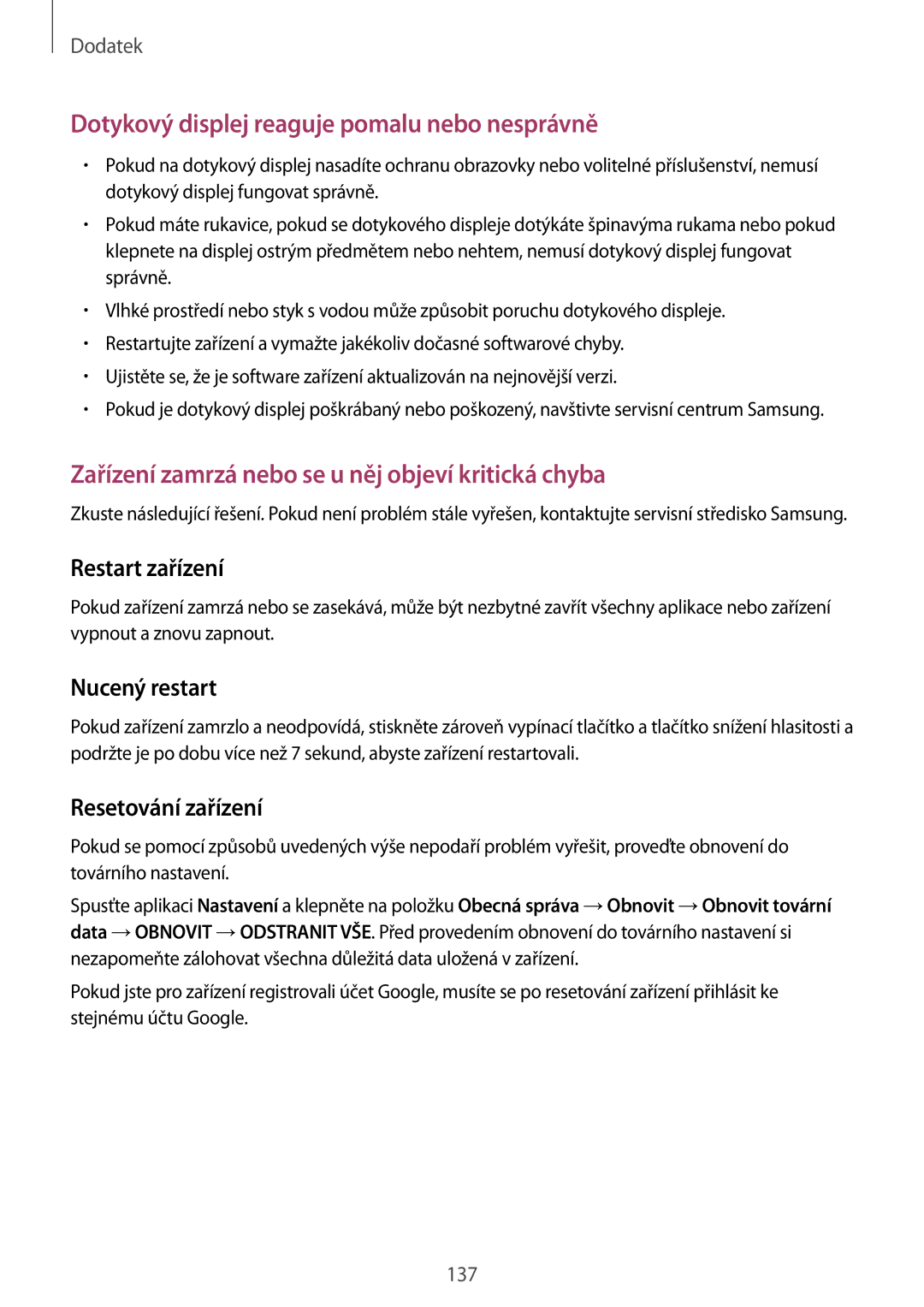 Samsung SM-T390NZKAXEZ manual Restart zařízení, Nucený restart, Resetování zařízení 