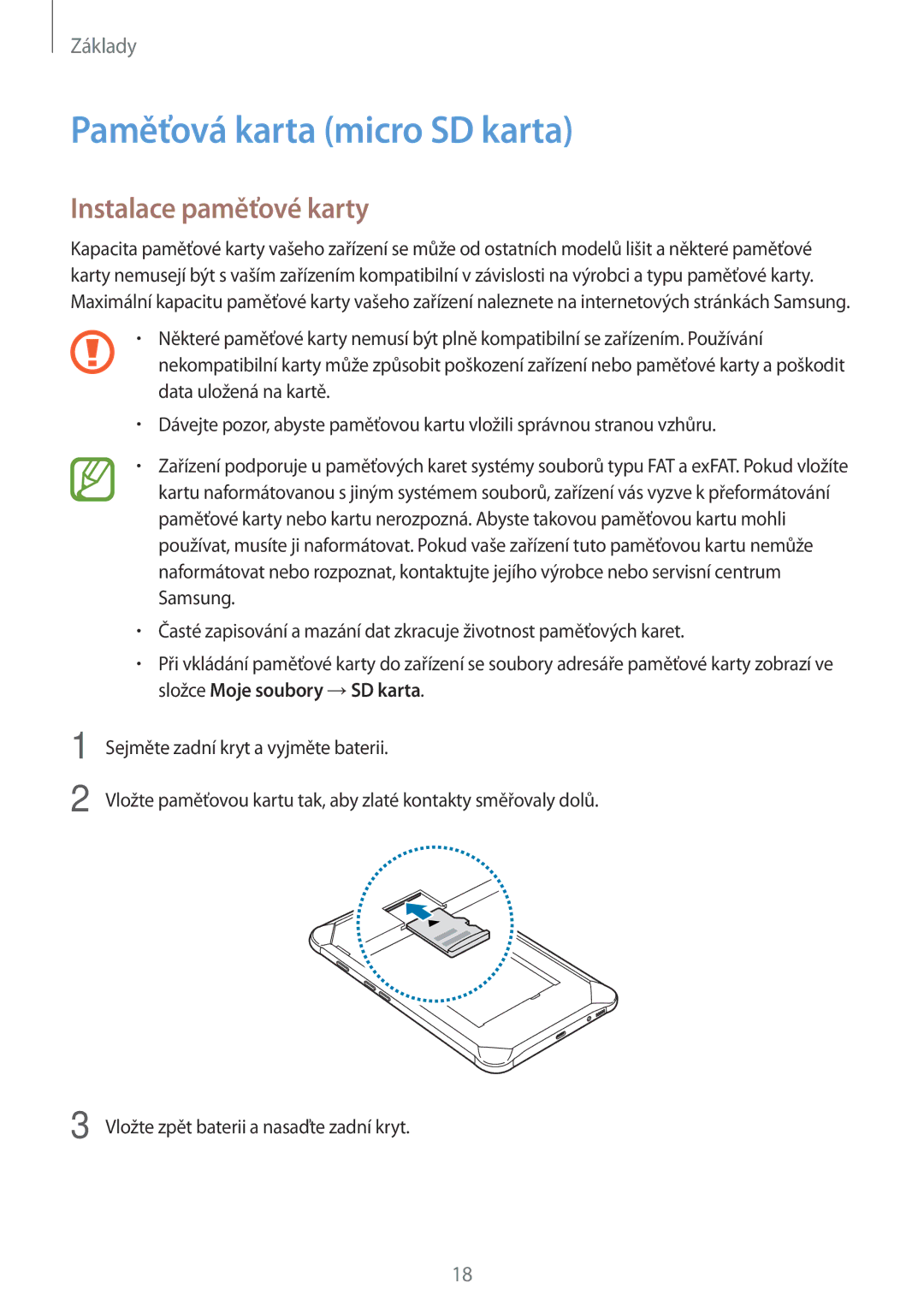 Samsung SM-T390NZKAXEZ manual Paměťová karta micro SD karta, Instalace paměťové karty 