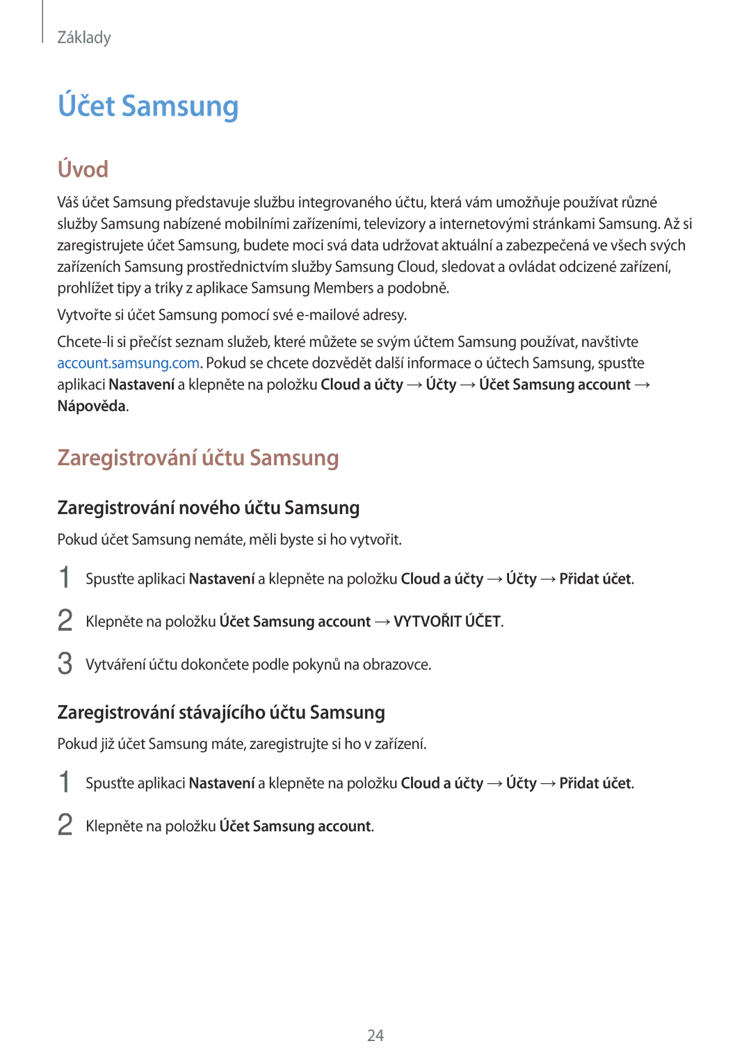 Samsung SM-T390NZKAXEZ manual Účet Samsung, Úvod, Zaregistrování účtu Samsung, Zaregistrování nového účtu Samsung 