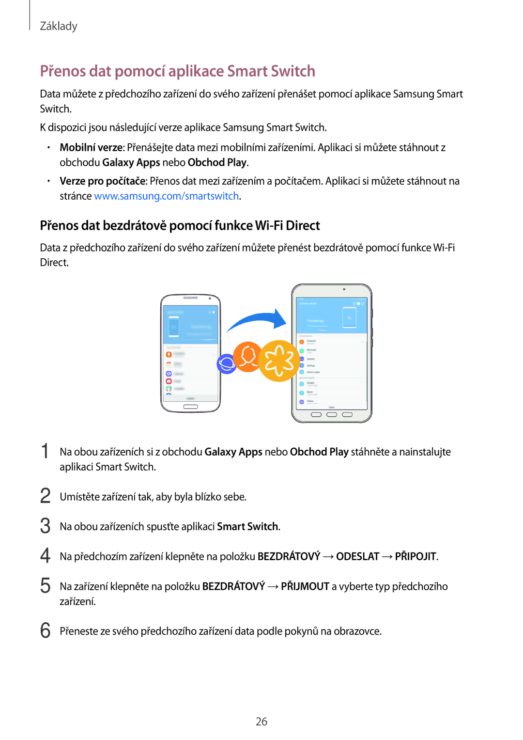 Samsung SM-T390NZKAXEZ manual Přenos dat pomocí aplikace Smart Switch, Přenos dat bezdrátově pomocí funkce Wi-Fi Direct 