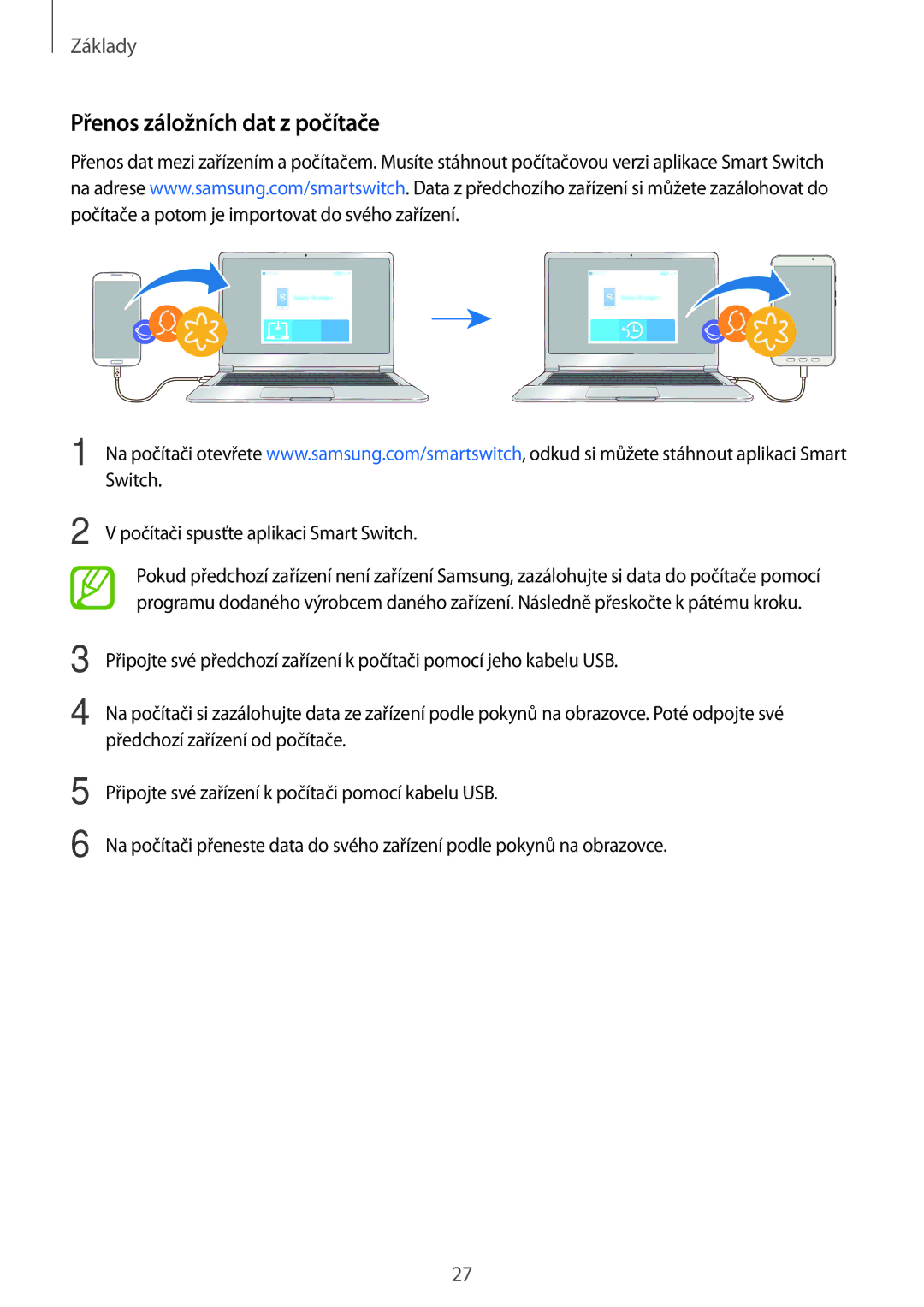 Samsung SM-T390NZKAXEZ manual Přenos záložních dat z počítače, Počítači spusťte aplikaci Smart Switch 