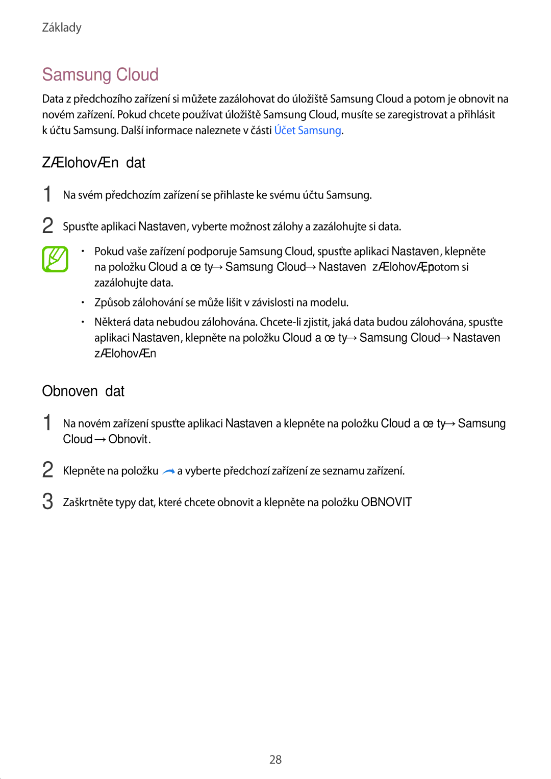 Samsung SM-T390NZKAXEZ manual Samsung Cloud, Zálohování dat, Obnovení dat 
