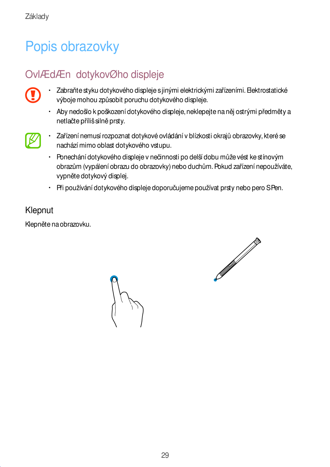 Samsung SM-T390NZKAXEZ manual Popis obrazovky, Ovládání dotykového displeje, Klepnutí 