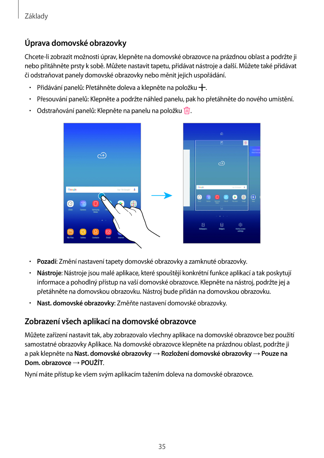 Samsung SM-T390NZKAXEZ manual Úprava domovské obrazovky, Zobrazení všech aplikací na domovské obrazovce 