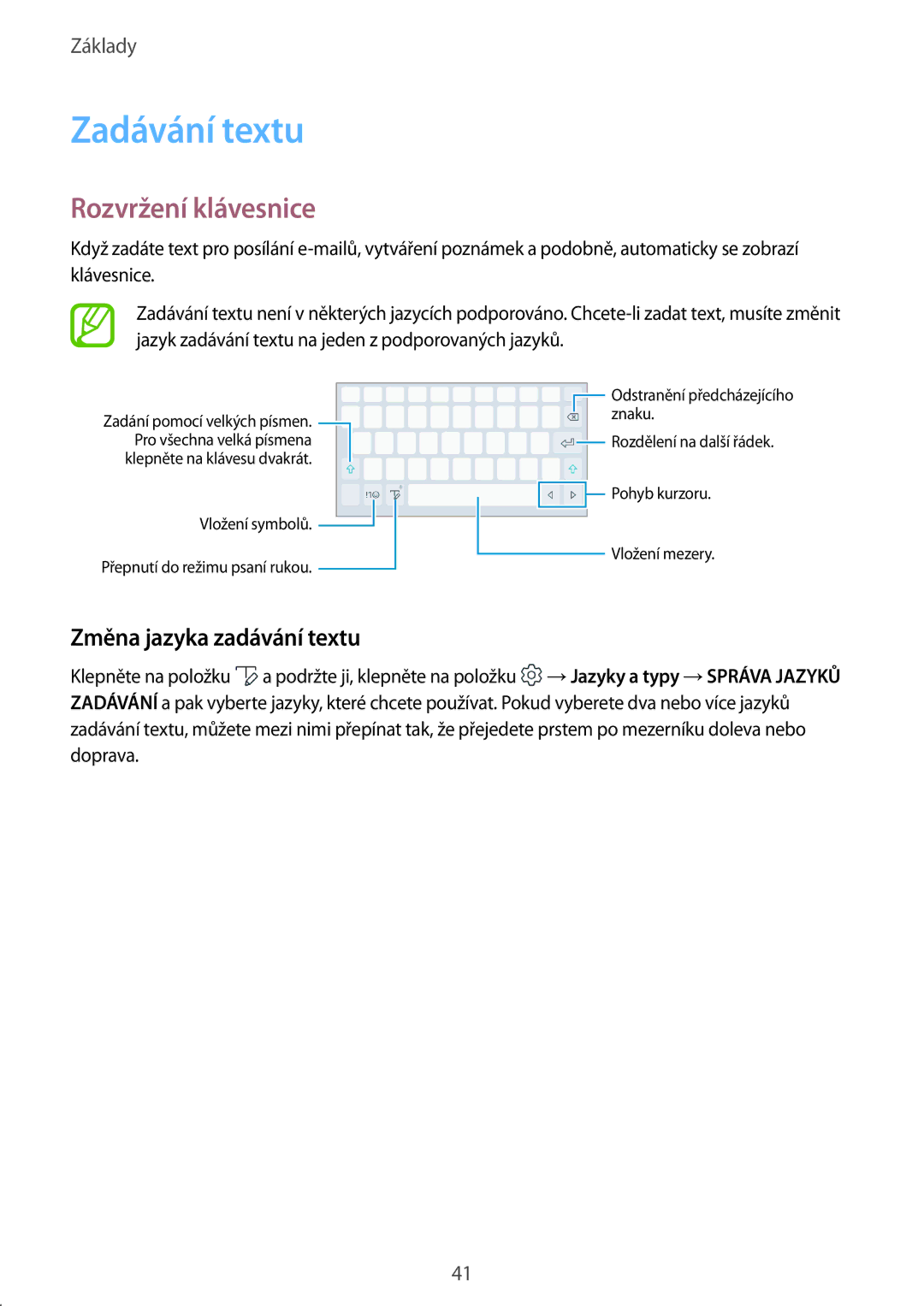 Samsung SM-T390NZKAXEZ manual Zadávání textu, Rozvržení klávesnice, Změna jazyka zadávání textu 