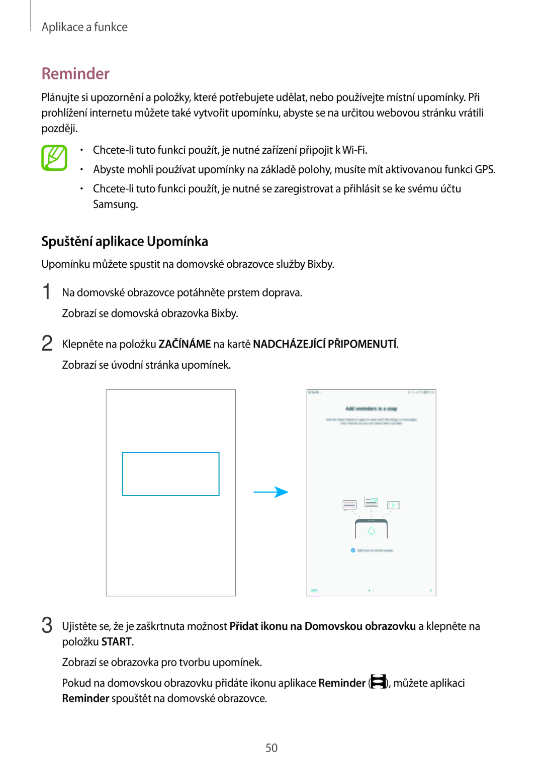 Samsung SM-T390NZKAXEZ manual Reminder, Spuštění aplikace Upomínka 