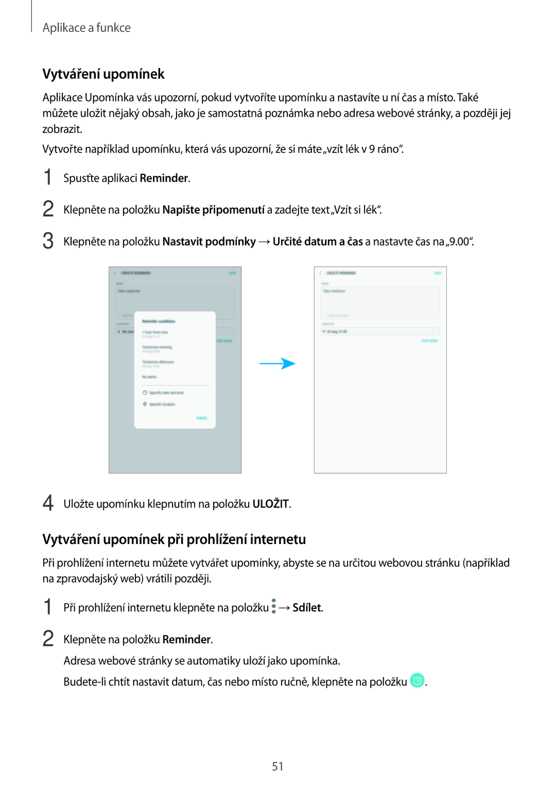 Samsung SM-T390NZKAXEZ manual Vytváření upomínek při prohlížení internetu 