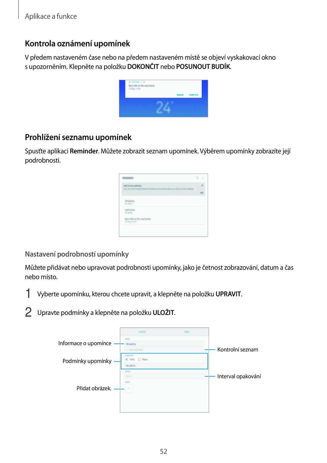 Samsung SM-T390NZKAXEZ manual Kontrola oznámení upomínek, Prohlížení seznamu upomínek, Nastavení podrobností upomínky 