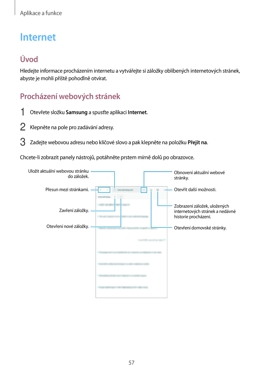 Samsung SM-T390NZKAXEZ manual Internet, Procházení webových stránek 