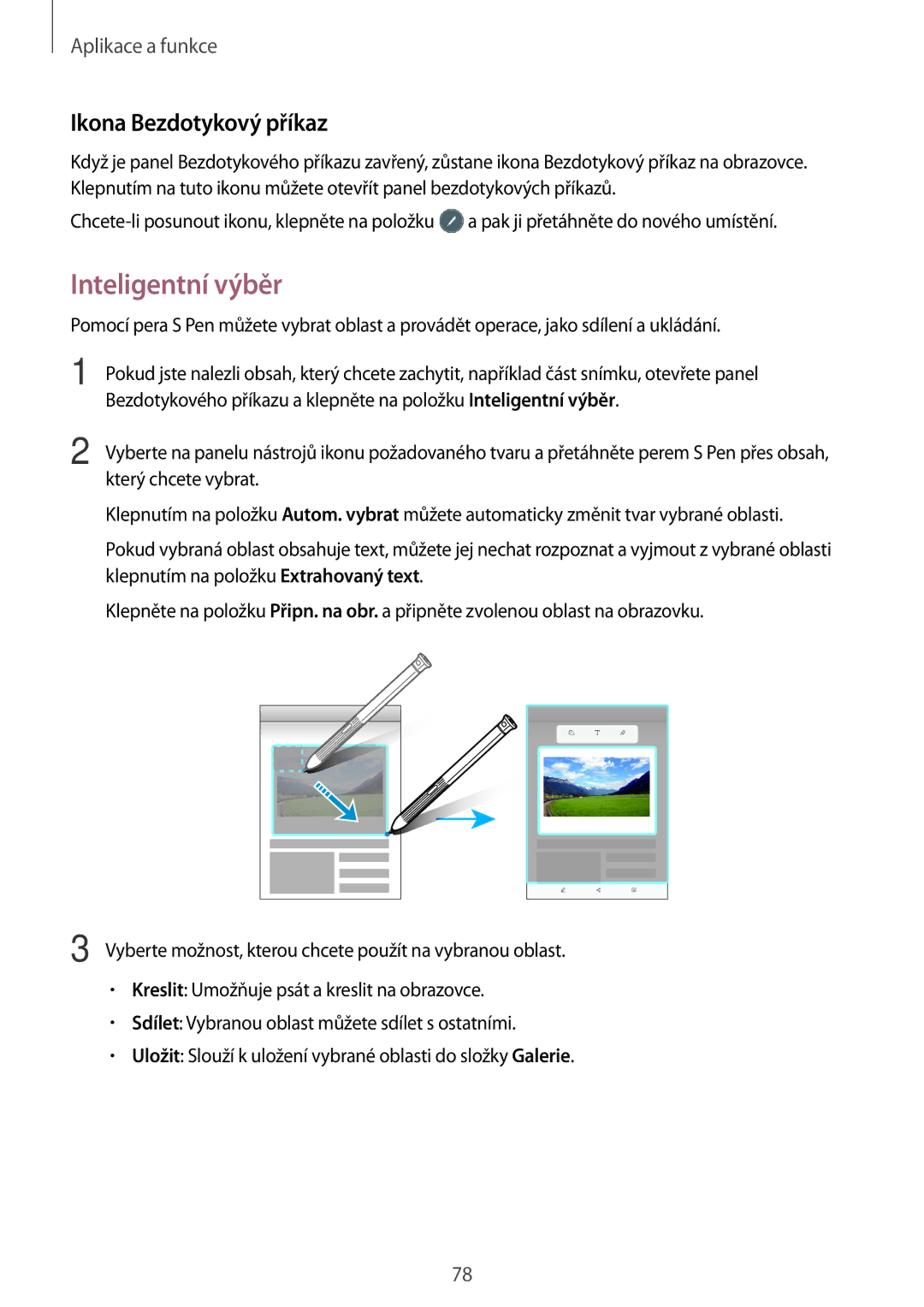 Samsung SM-T390NZKAXEZ manual Inteligentní výběr, Ikona Bezdotykový příkaz 