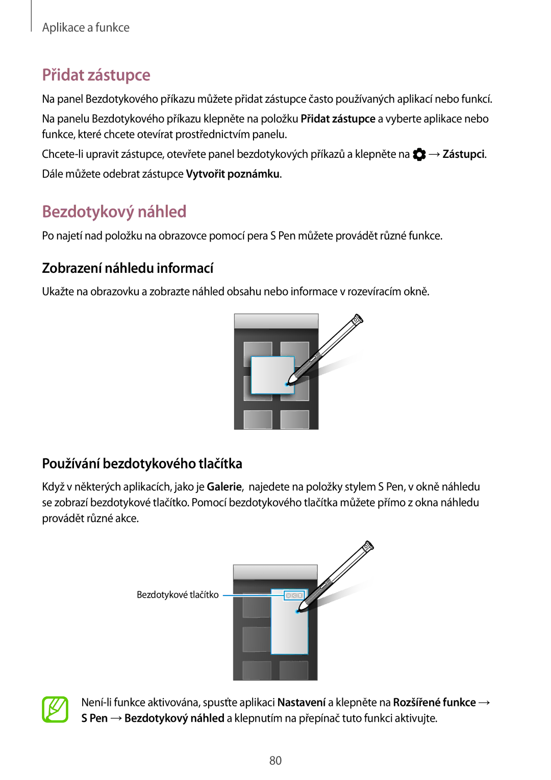 Samsung SM-T390NZKAXEZ Přidat zástupce, Bezdotykový náhled, Zobrazení náhledu informací, Používání bezdotykového tlačítka 