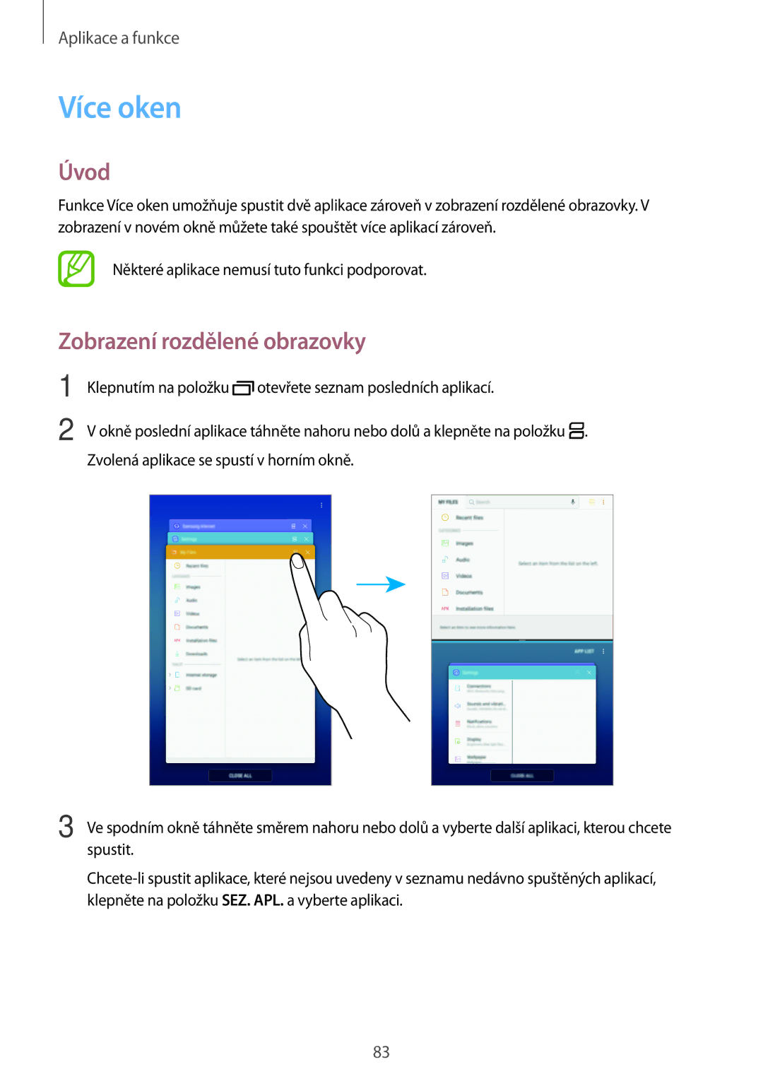 Samsung SM-T390NZKAXEZ manual Více oken, Zobrazení rozdělené obrazovky 