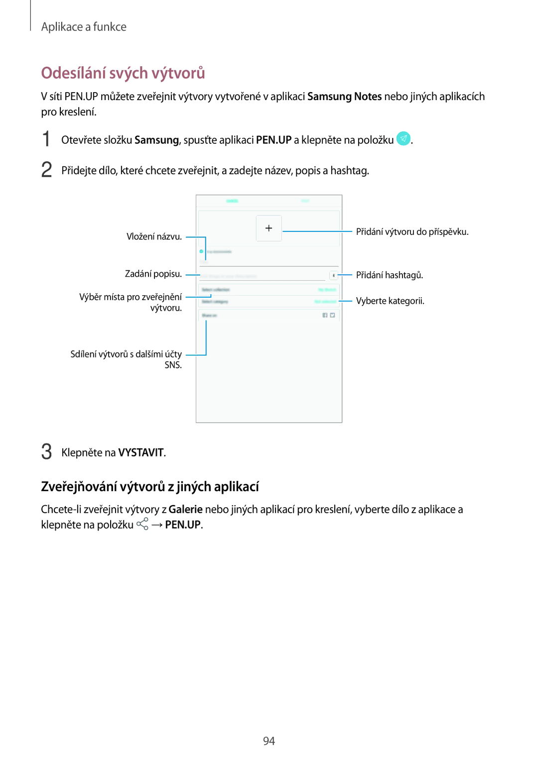 Samsung SM-T390NZKAXEZ manual Odesílání svých výtvorů, Zveřejňování výtvorů z jiných aplikací 