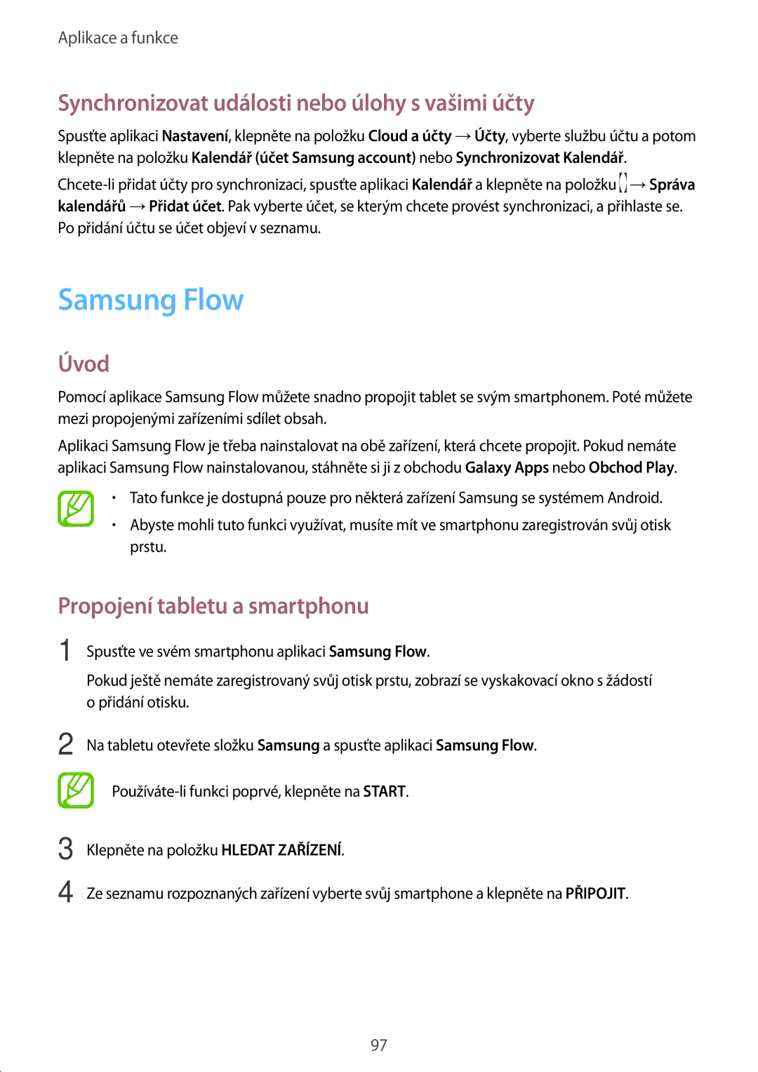 Samsung SM-T390NZKAXEZ Samsung Flow, Synchronizovat události nebo úlohy s vašimi účty, Propojení tabletu a smartphonu 