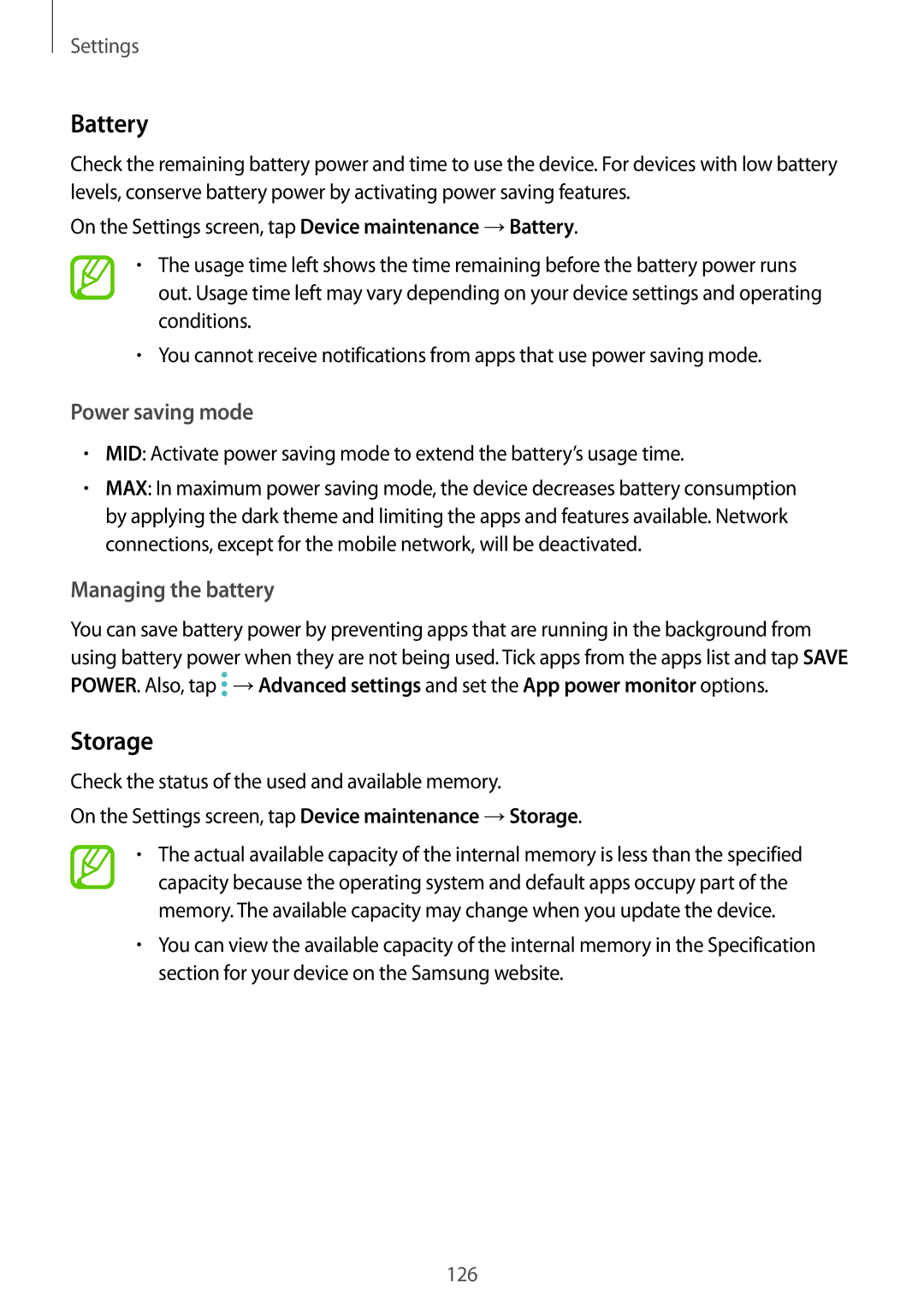 Samsung SM-T395NZKABGL, SM-T395NZKADBT, SM-T395NZKAATO manual Battery, Storage, Power saving mode, Managing the battery 