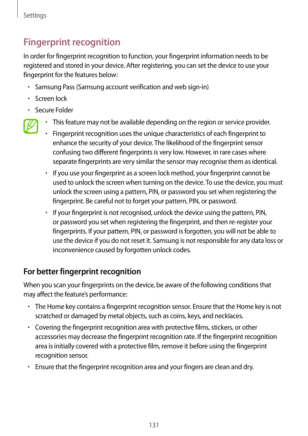 Samsung SM-T395NZKAILO, SM-T395NZKADBT, SM-T395NZKAATO manual Fingerprint recognition, For better fingerprint recognition 