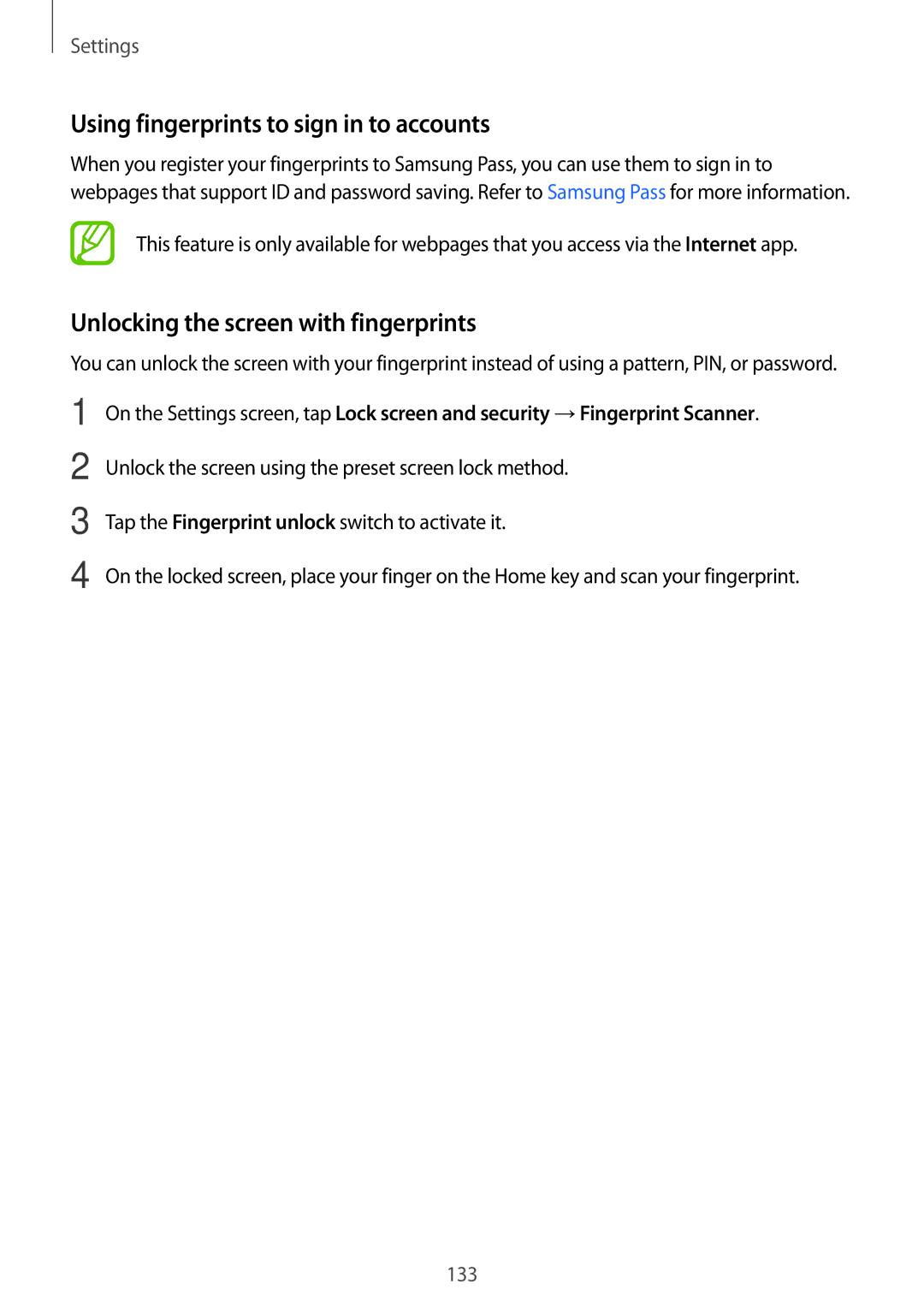 Samsung SM-T395NZKAXEH, SM-T395NZKADBT Using fingerprints to sign in to accounts, Unlocking the screen with fingerprints 