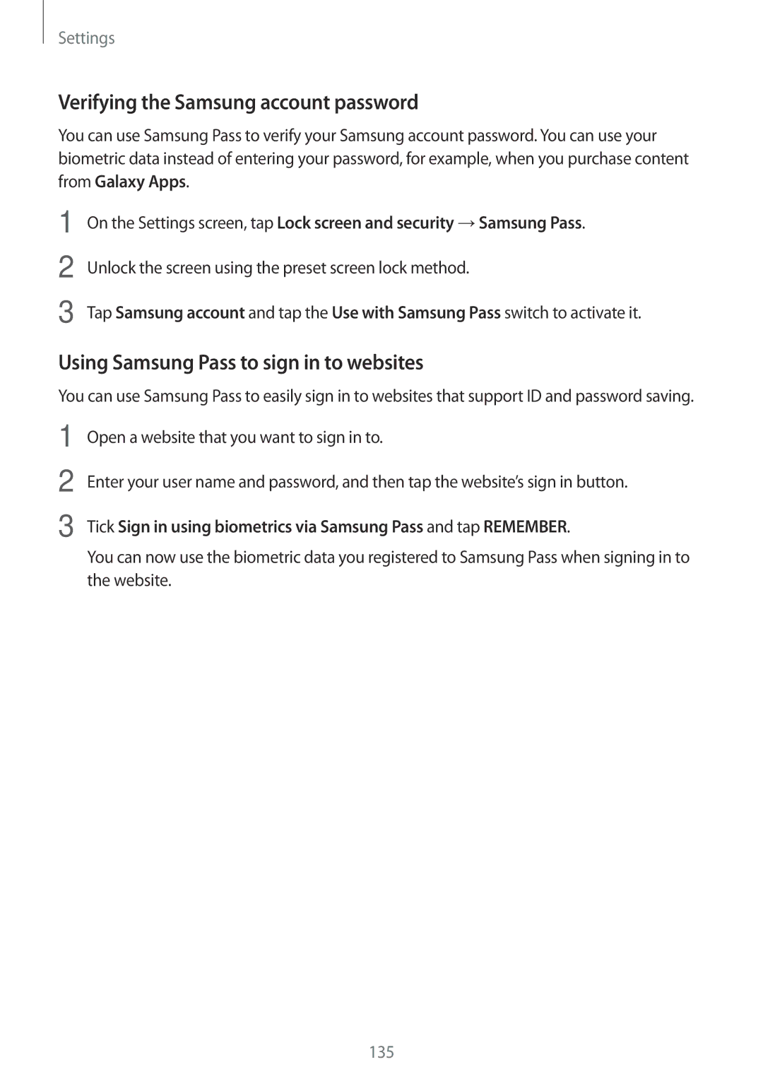 Samsung SM-T395NZKADBT, SM-T395NZKAATO Verifying the Samsung account password, Using Samsung Pass to sign in to websites 