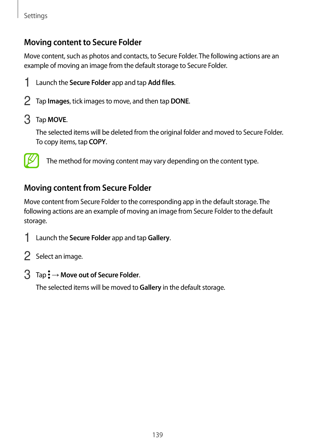 Samsung SM-T395NZKAPHE Moving content to Secure Folder, Moving content from Secure Folder, Tap →Move out of Secure Folder 