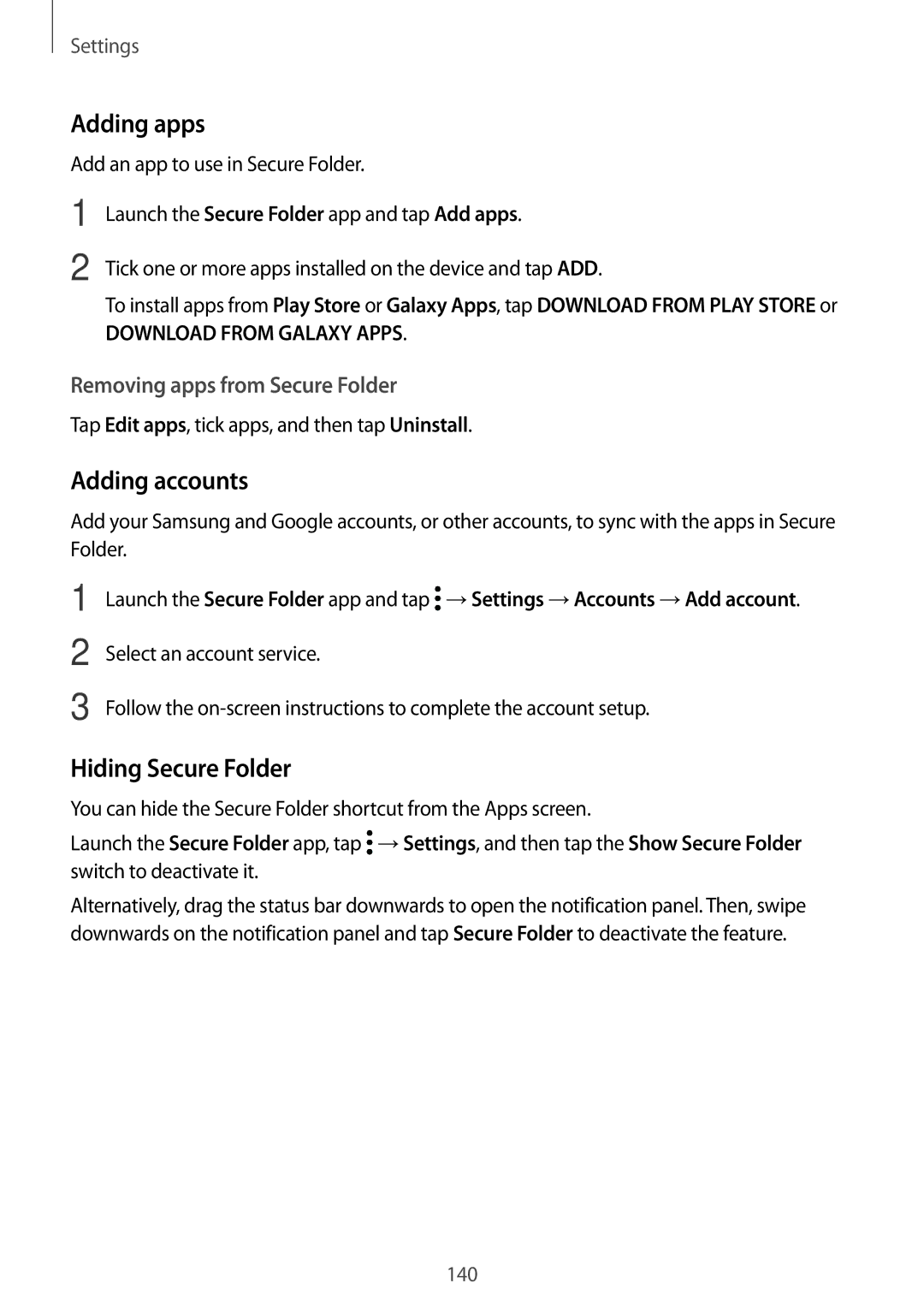 Samsung SM-T395NZKAKSA manual Adding apps, Adding accounts, Hiding Secure Folder, Removing apps from Secure Folder 