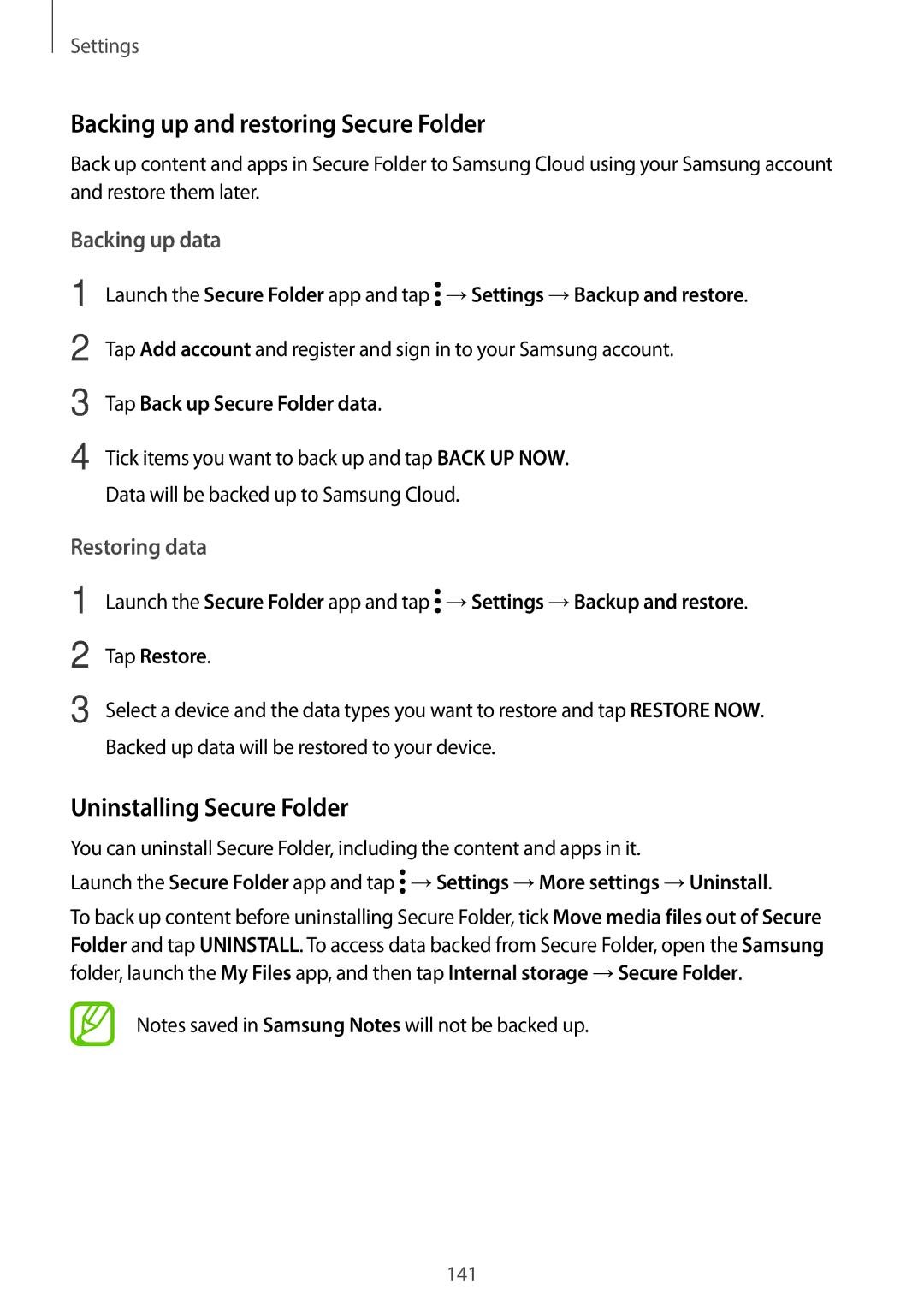 Samsung SM-T395NZKABGL Backing up and restoring Secure Folder, Uninstalling Secure Folder, Backing up data, Restoring data 