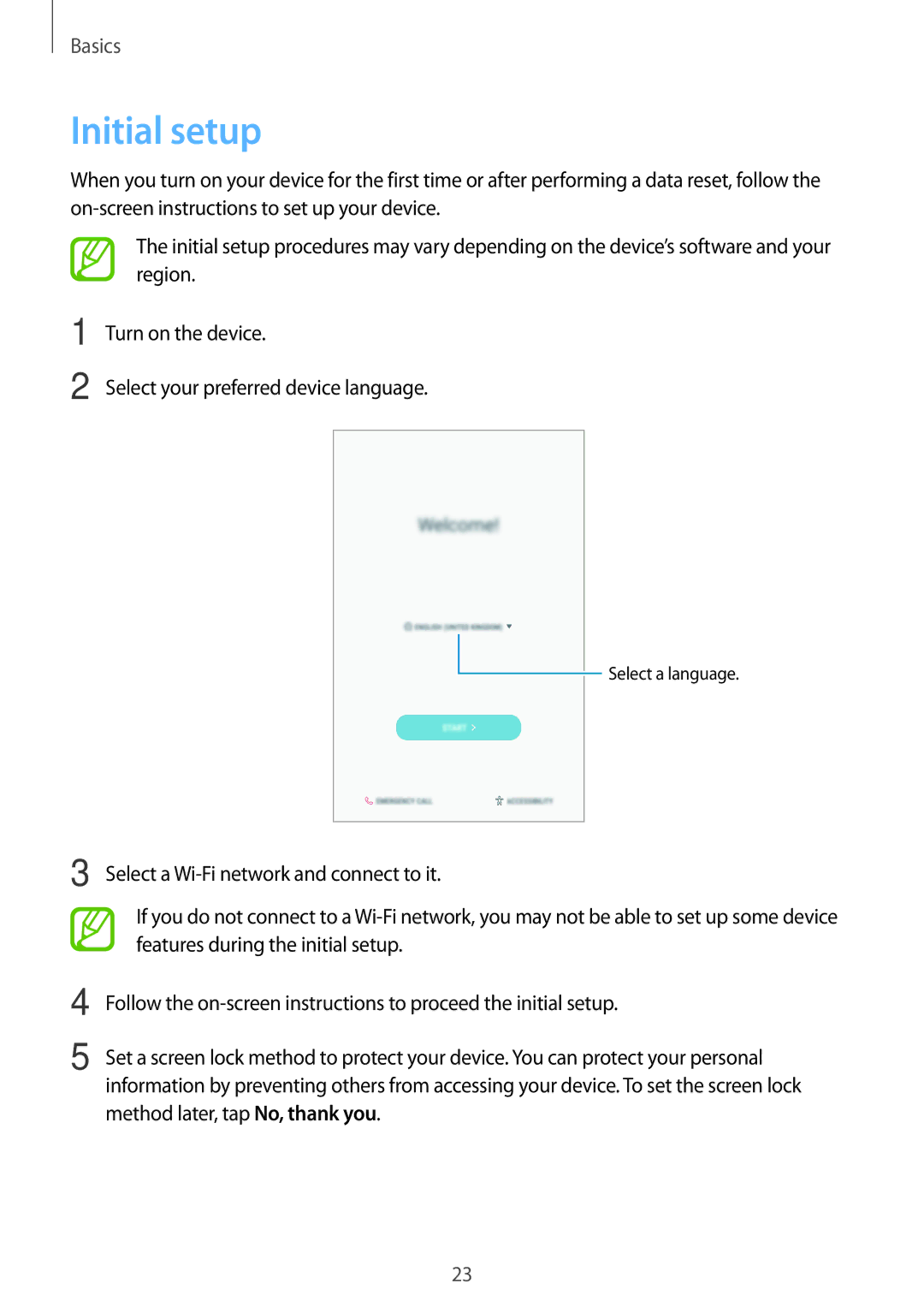 Samsung SM-T395NZKANEE, SM-T395NZKADBT, SM-T395NZKAATO, SM-T395NZKAXEF, SM-T395NZKAITV, SM-T395NZKAPHE manual Initial setup 